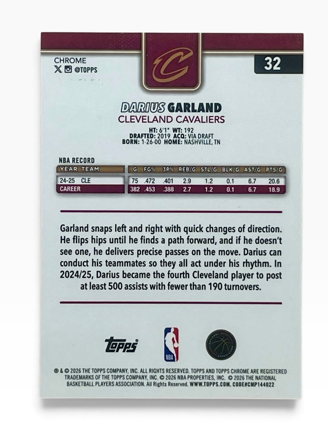 2025-26 Topps Chrome Update Darius Garland Purple Ray Wave /75
