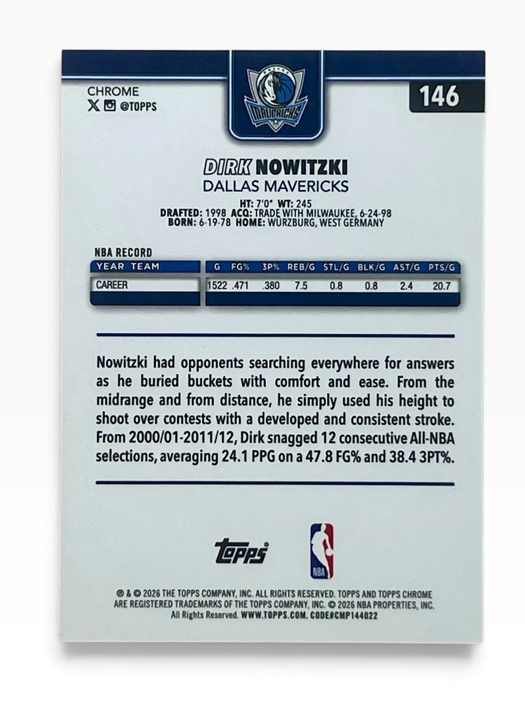 2025-26 Topps Chrome Update Dirk Nowitzki Xfractor