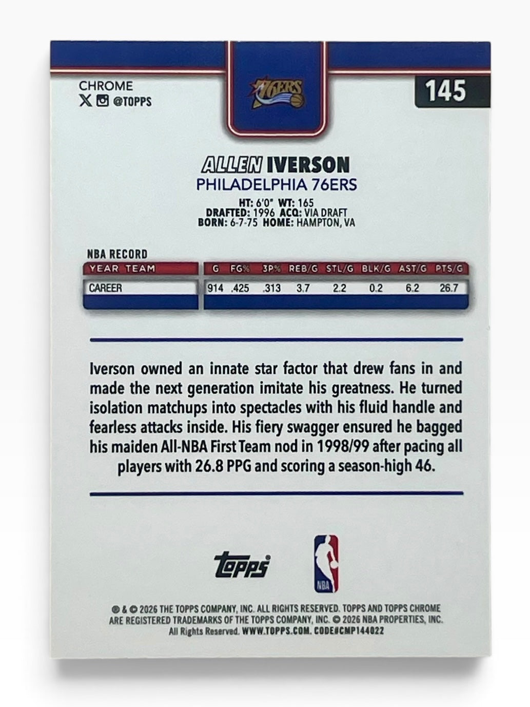 2025-26 Topps Chrome Update Allen Iverson Xfractor