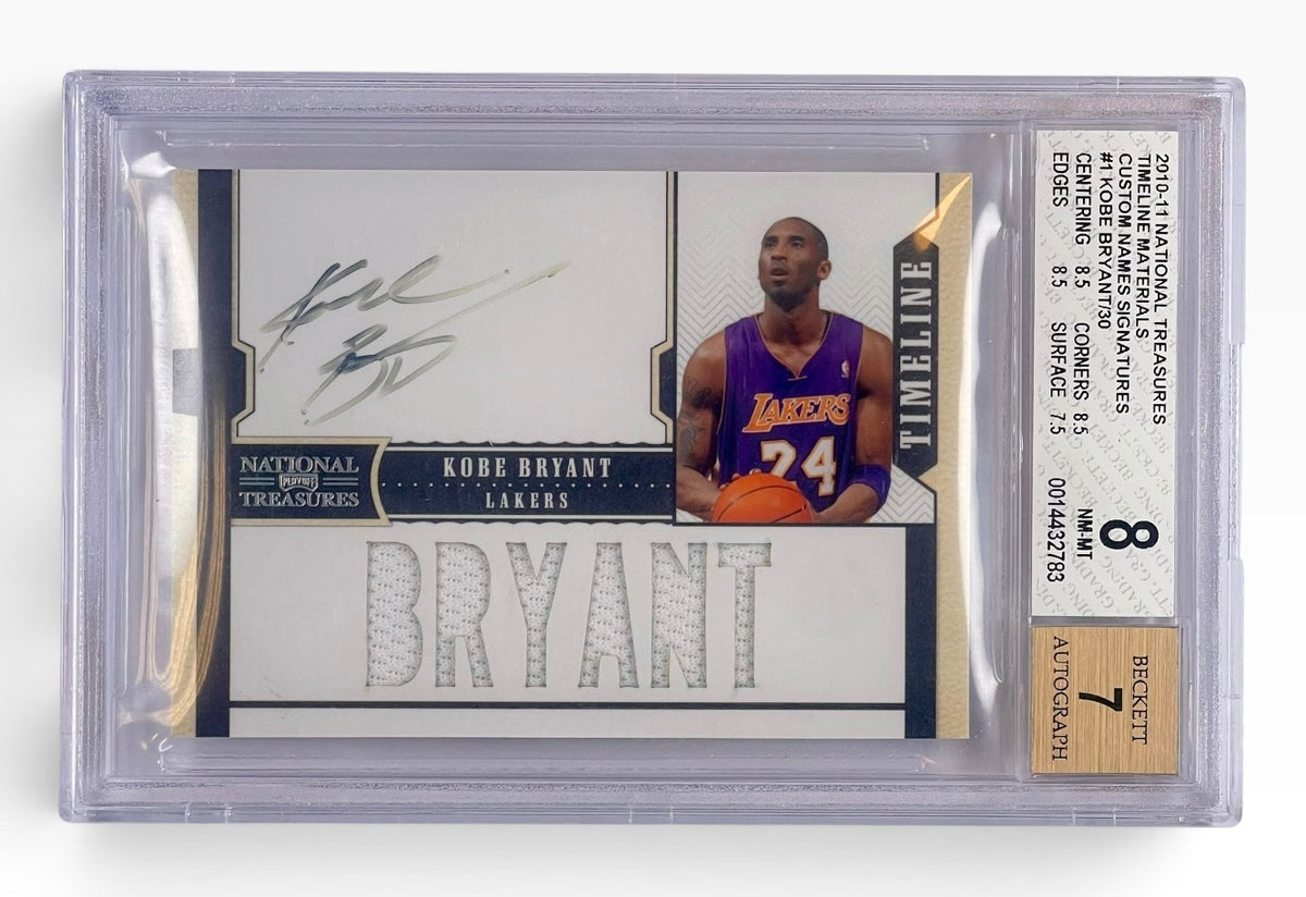 2010-11 Panini National Treasure Kobe Bryant Timeline Material Custom Name Signature /30 BGS 8 / Auto 7