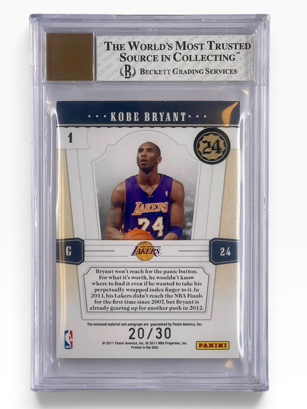 2010-11 Panini National Treasure Kobe Bryant Timeline Material Custom Name Signature /30 BGS 8 / Auto 7