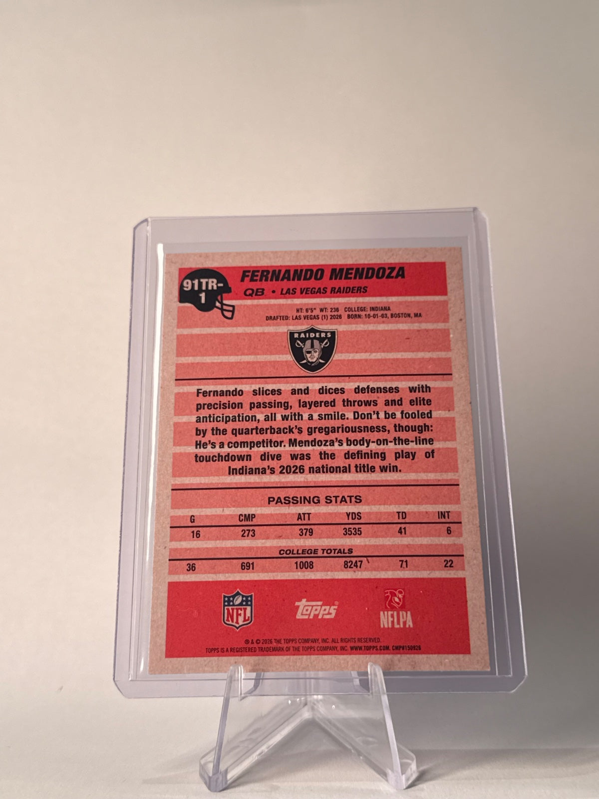 2026 Topps Fernando Mendoza RC #91TR-1 1991 Topps 35th Anniversary Raiders QB