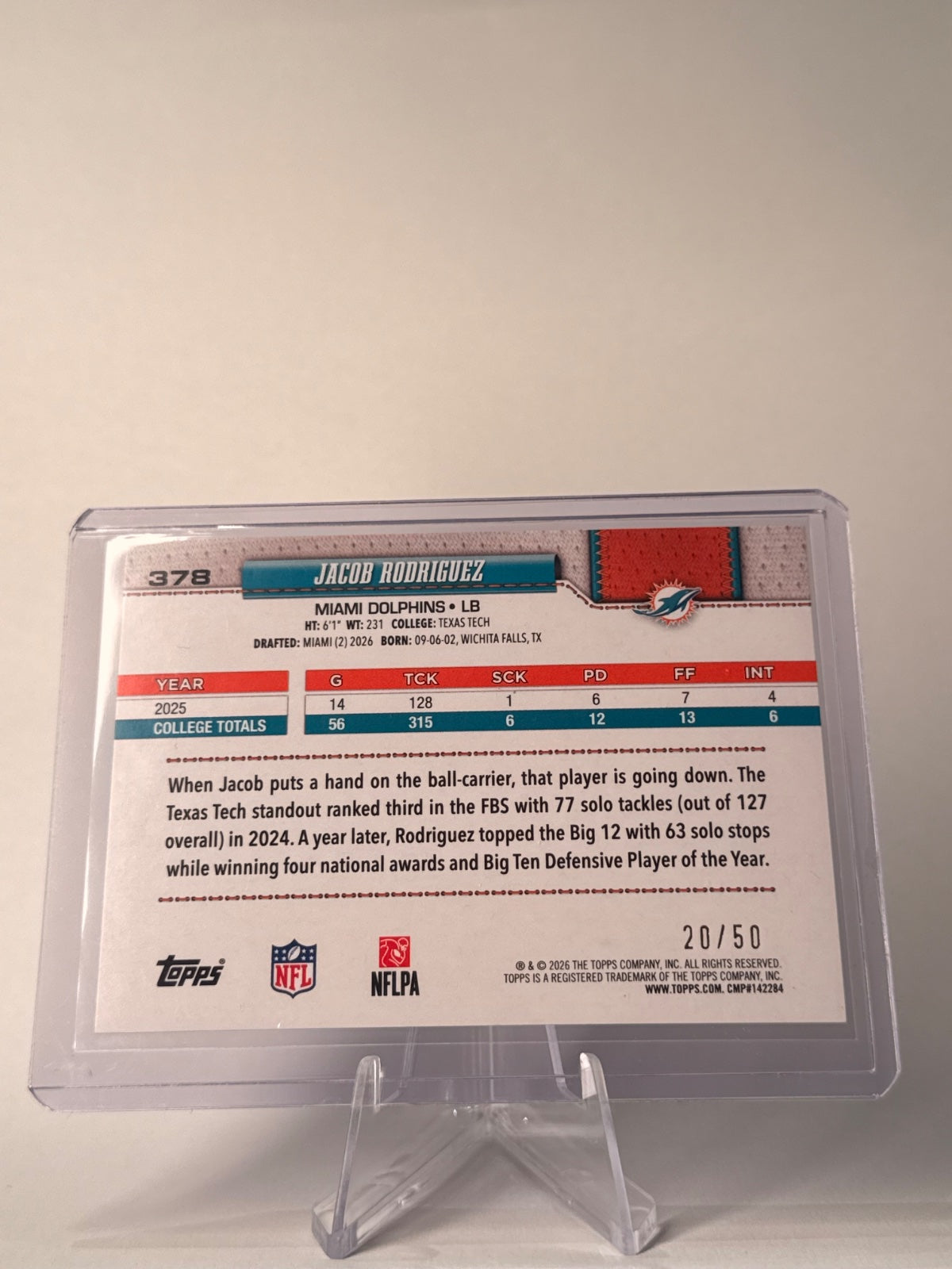 2026 Topps Jacob Rodriguez RC Gold Sandglitter /50 #378 Dolphins 20/50