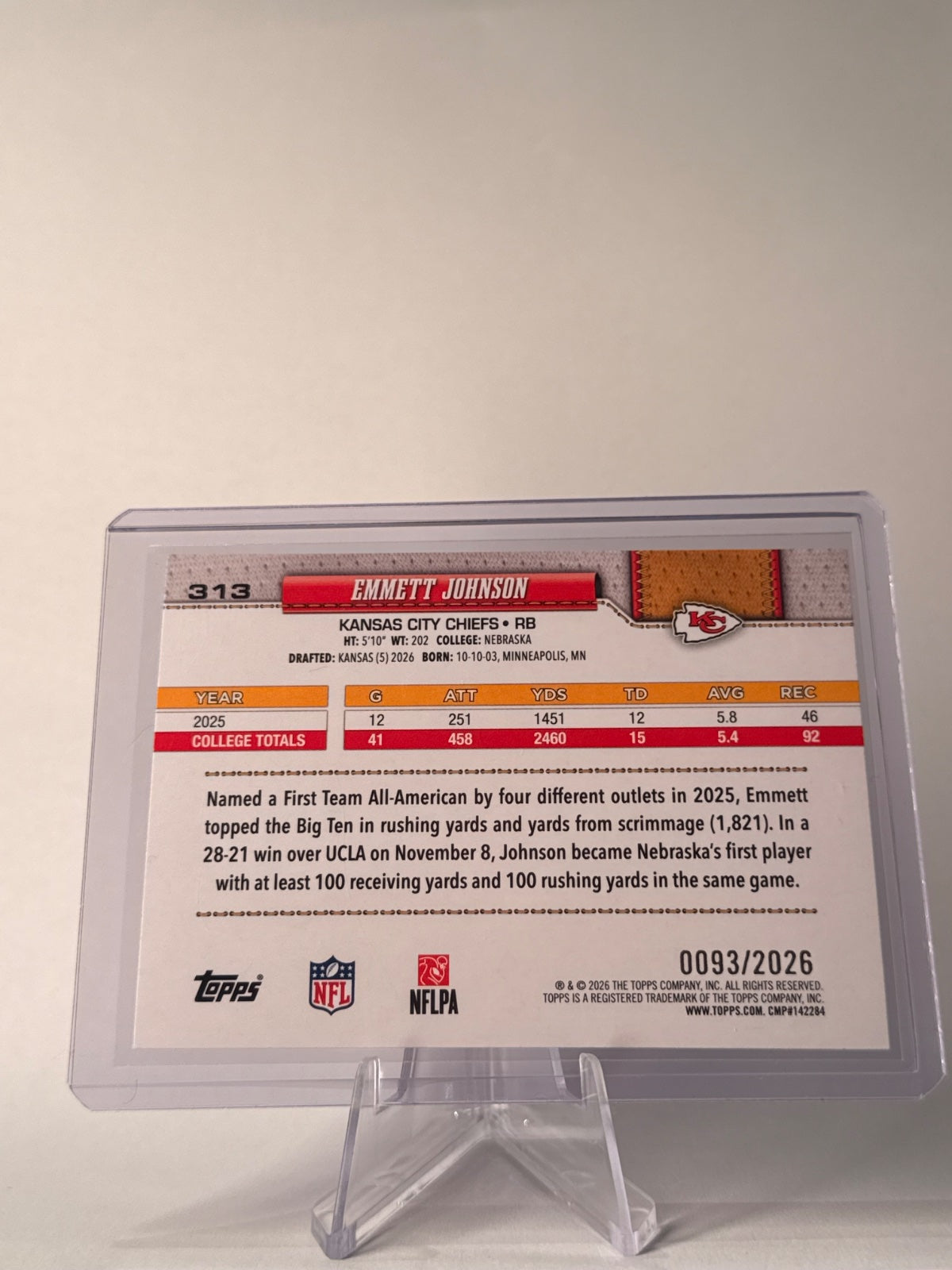2026 Topps Emmett Johnson RC Gold /2026 #313 Chiefs Rookie 0093/2026