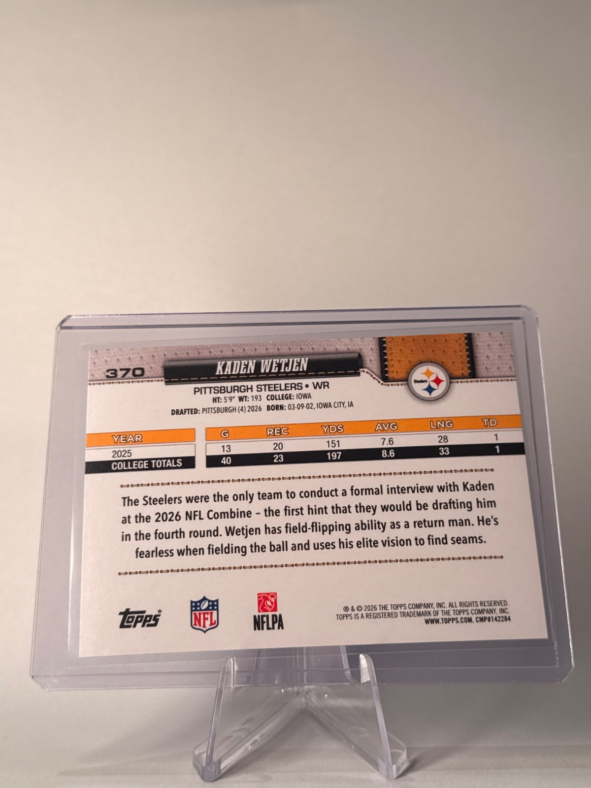 2026 Topps Kaden Wetjen RC Sandglitter Foil #370 Pittsburgh Steelers