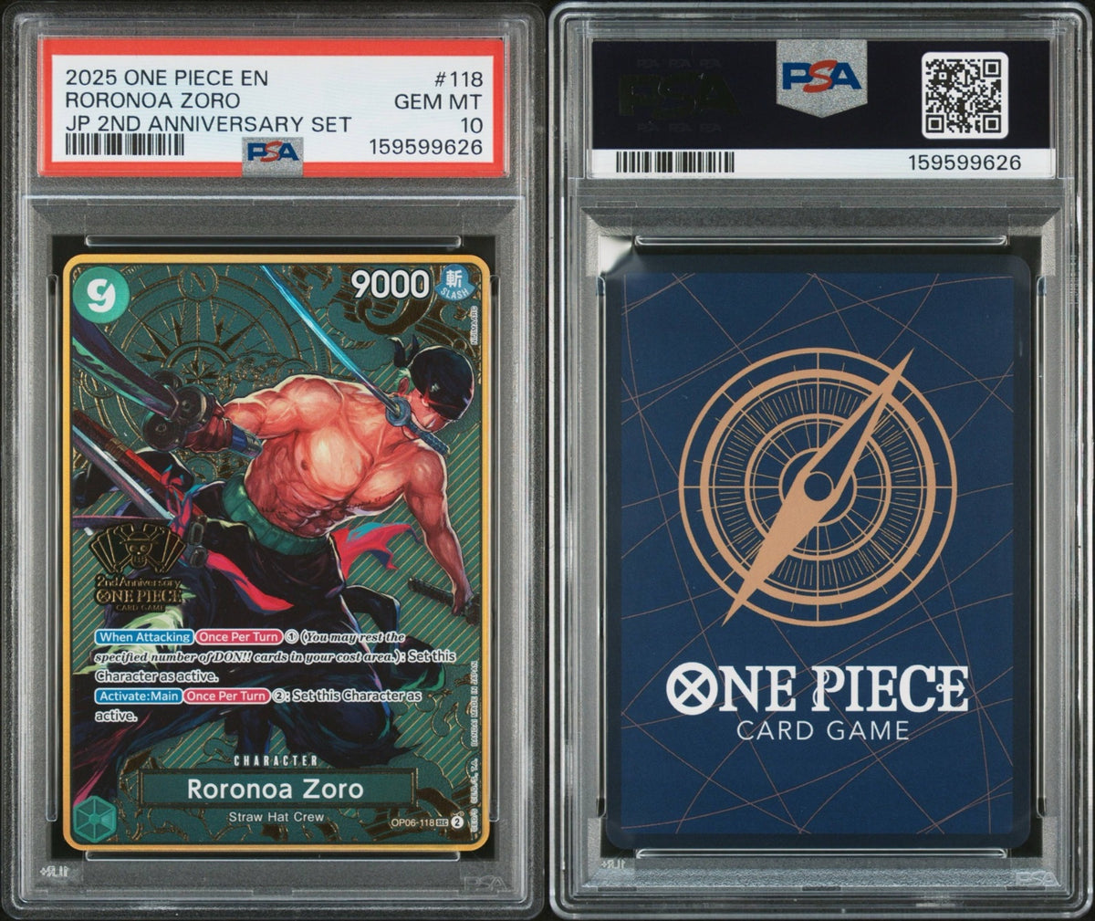 Roronoa Zoro (One Piece Japanese Version 2nd Anniversary Set) OP06-118 (One Piece Promotion Cards) — PSA 10
