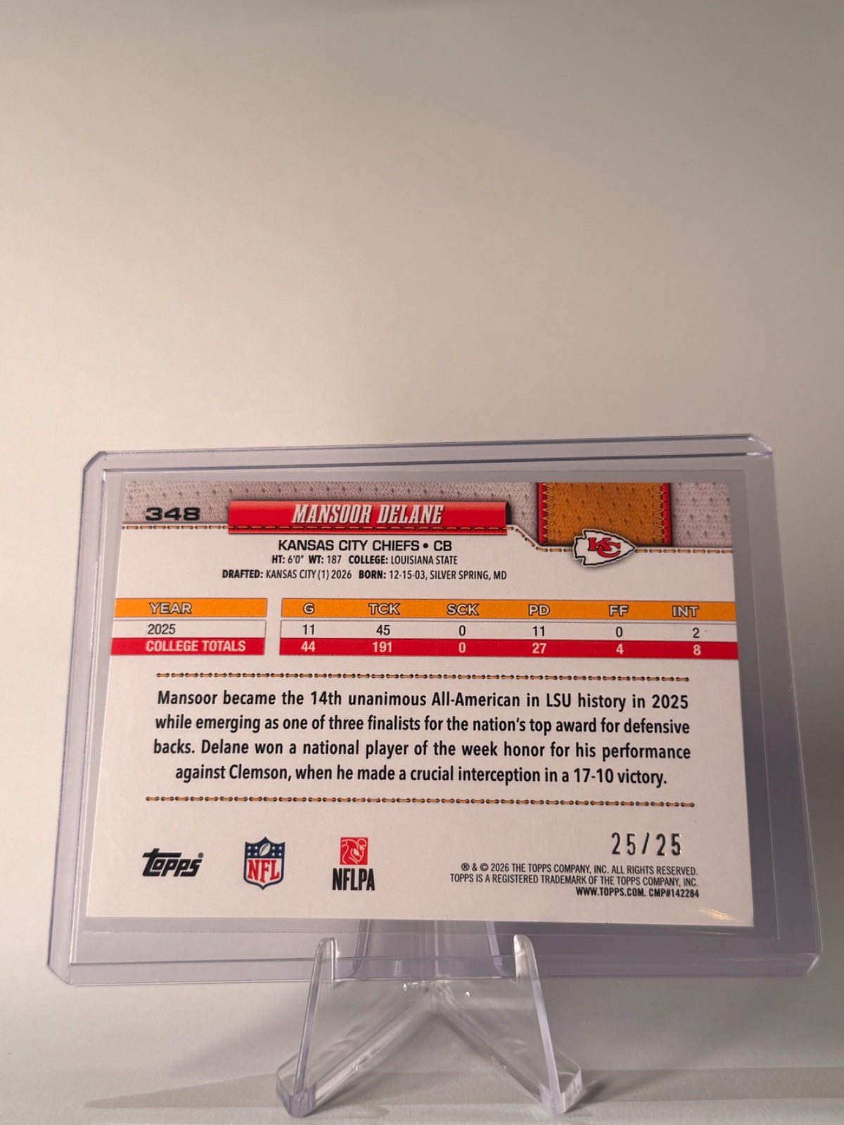 2026 Topps Mansoor Delane RC Orange Sandglitter /25 #348 Chiefs 25/25 Bookend SSP