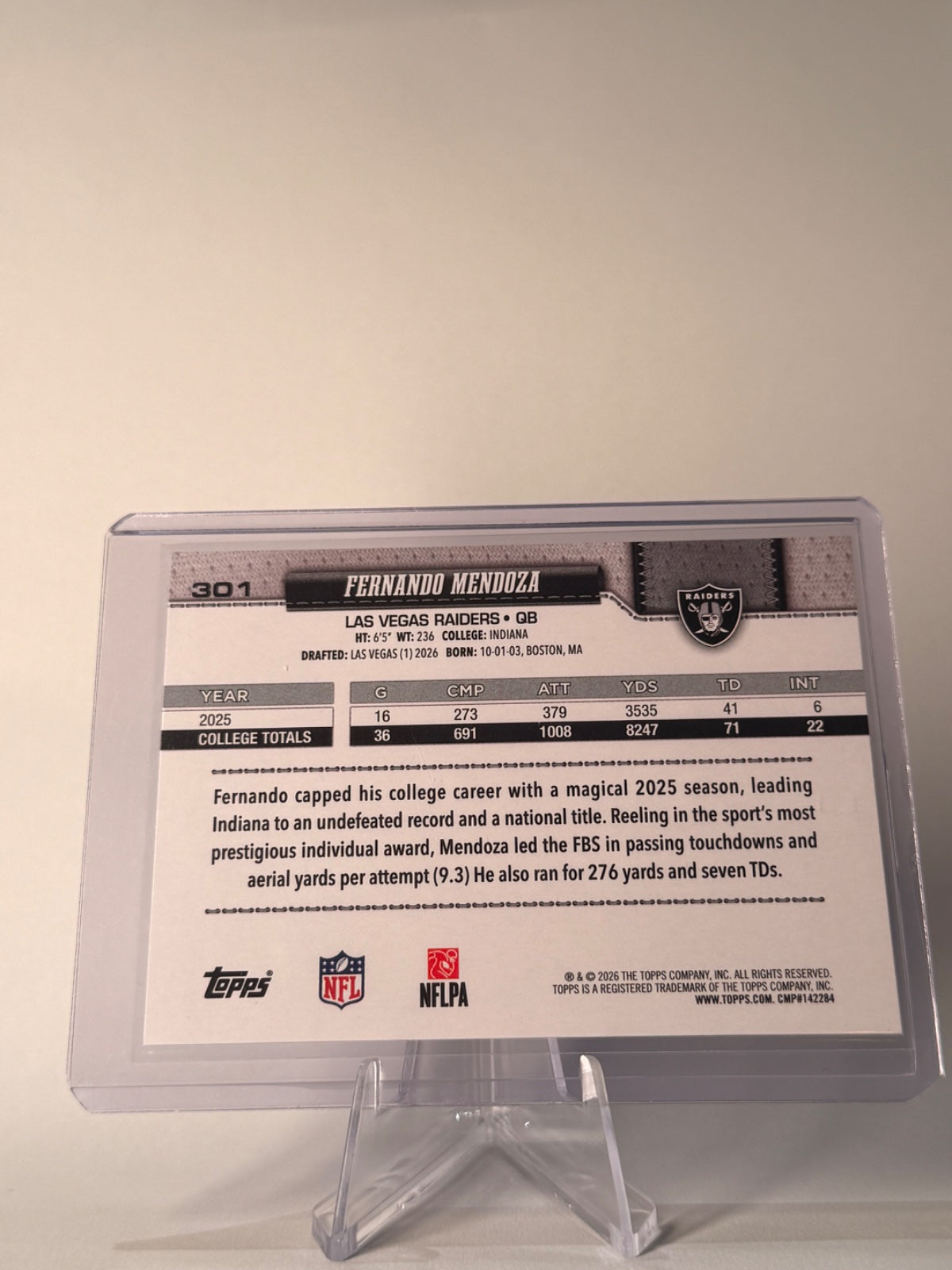 2026 Topps Flagship Fernando Mendoza RC #301 Las Vegas Raiders QB Rookie