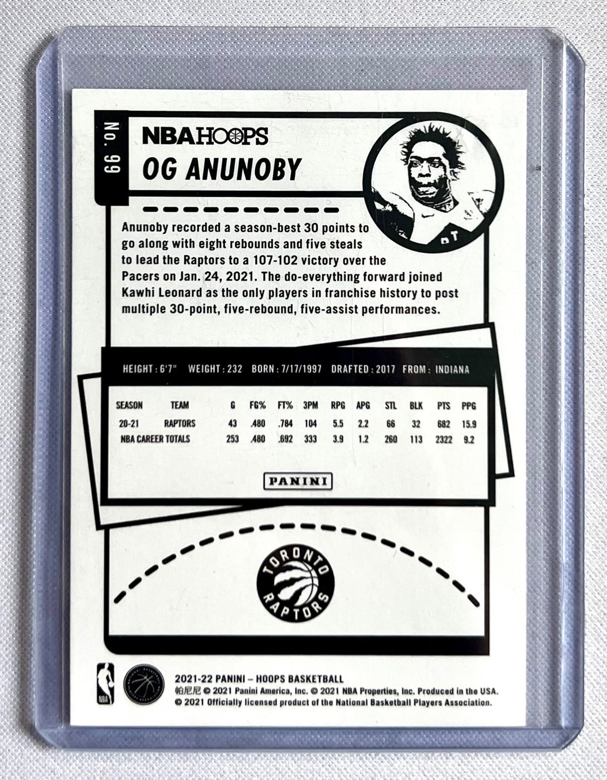 2021-22 Panini NBA Hoops Basketball OG Anunoby Toronto Raptors Blue #99