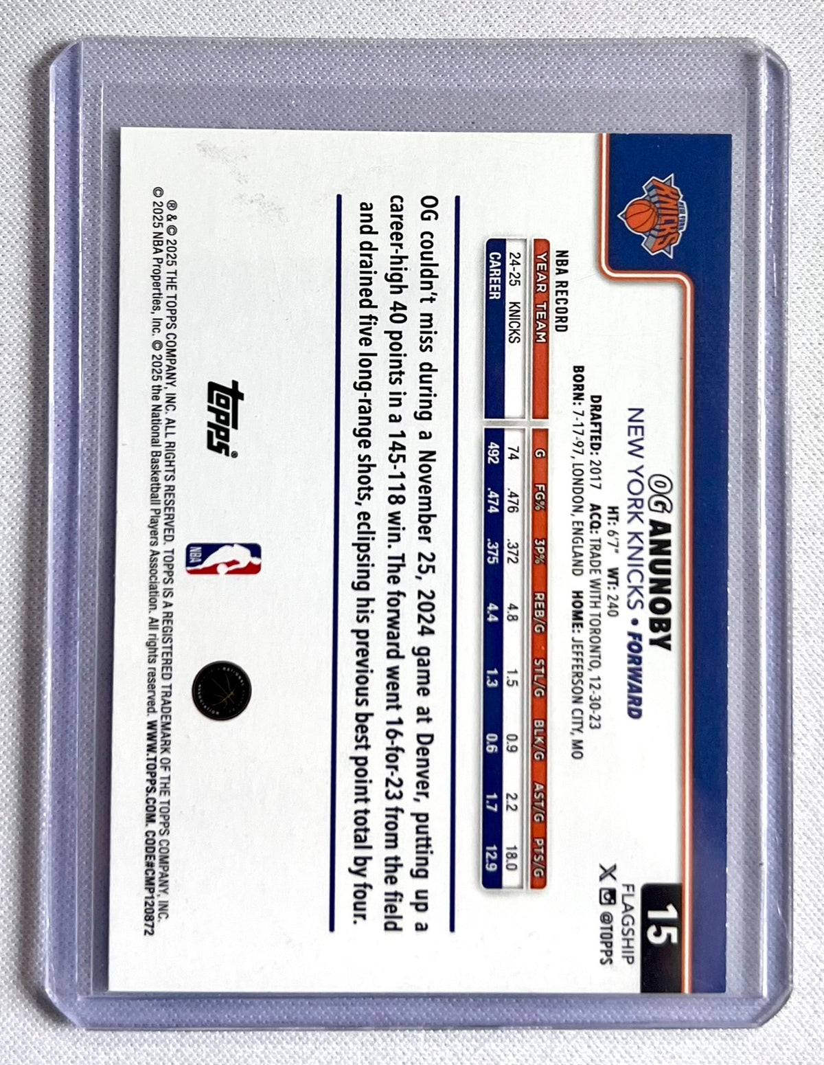 OG Anunoby 2025-26 Topps #15 - New York Knicks