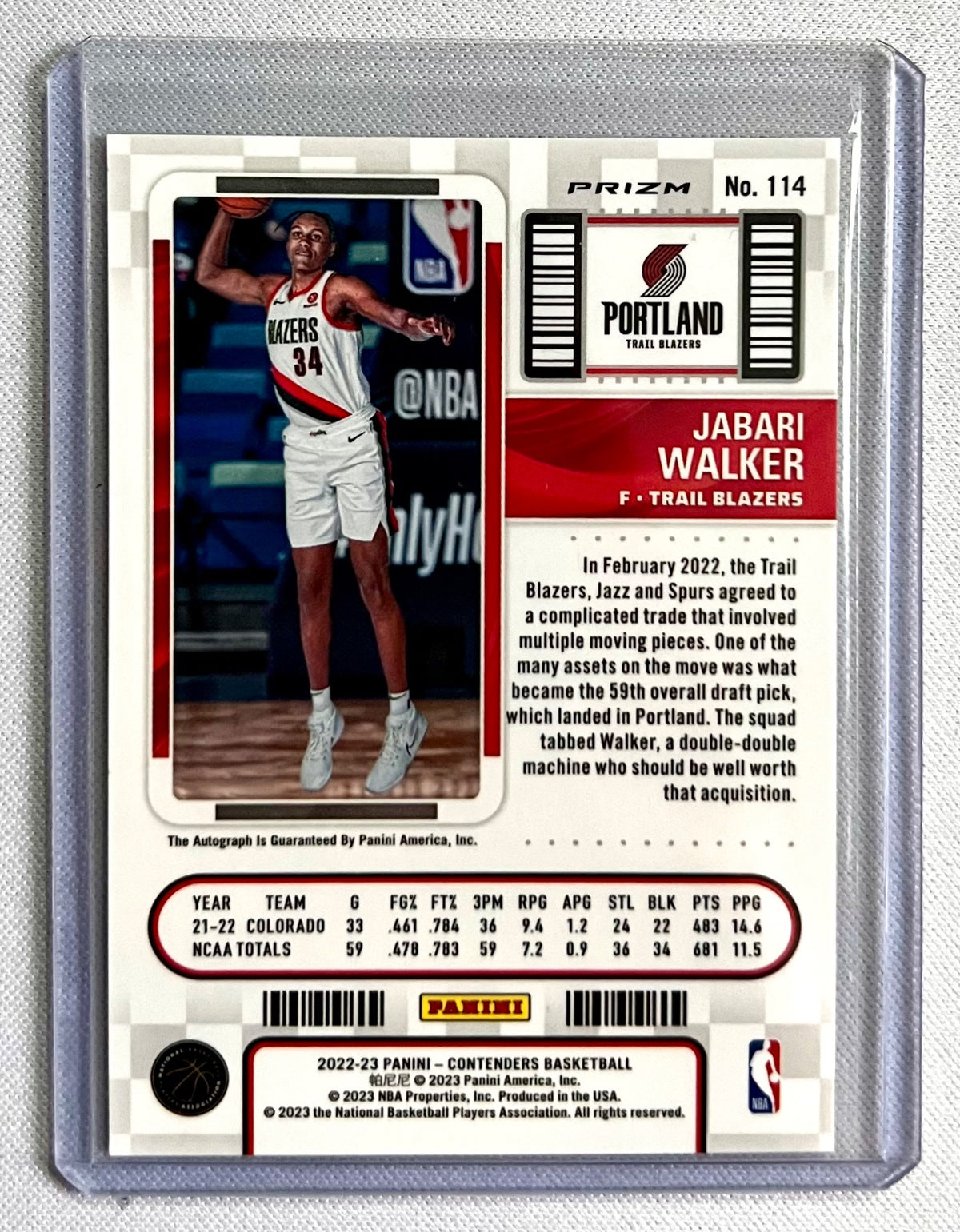 2022-23 Panini Contenders Jabari Walker Prizm SSP #114 RC