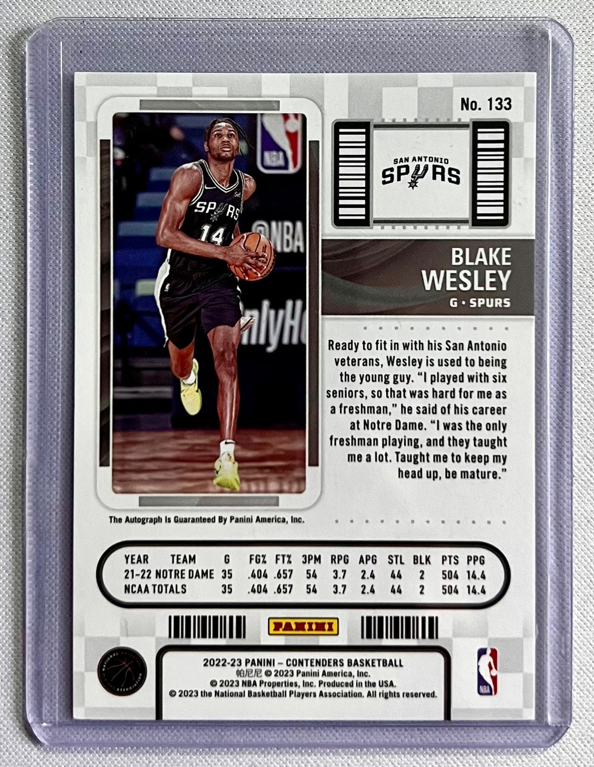 Blake Wesley 2022-23 Contenders Rookie Ticket Autograph #133 RC Auto
