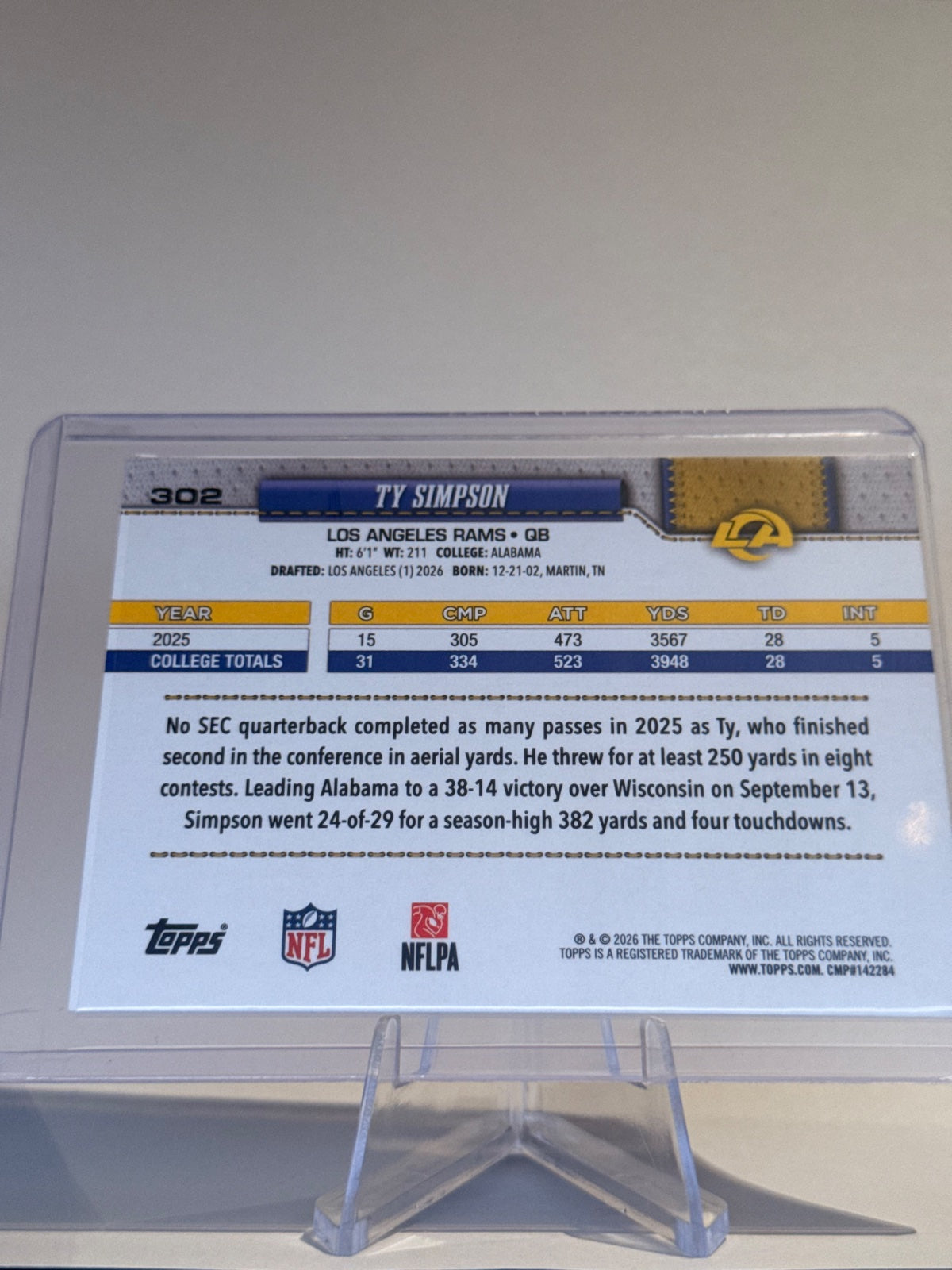 026 Topps Football Ty Simpson #302 Rookie RC – Los Angeles Rams