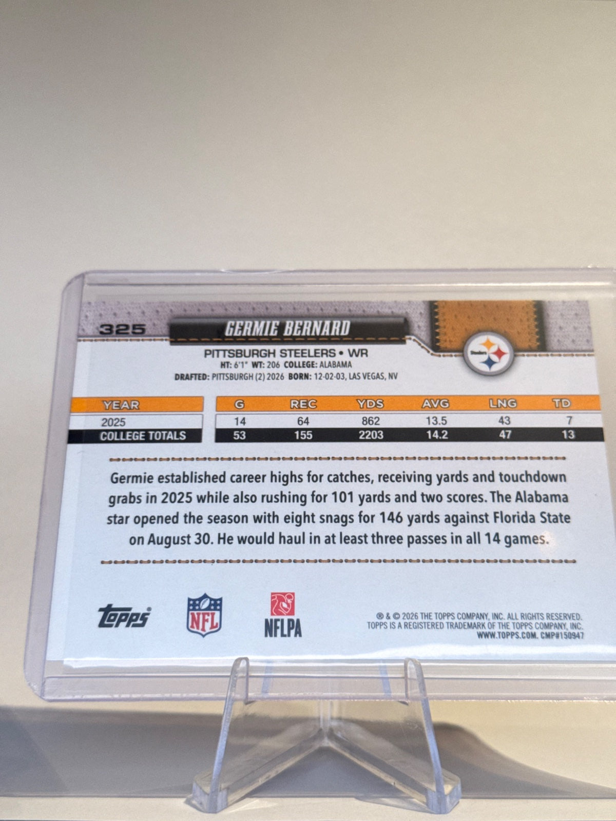 2026 Topps Flagship Football Germie Bernard #325 Rookie RC – Pittsburgh Steelers