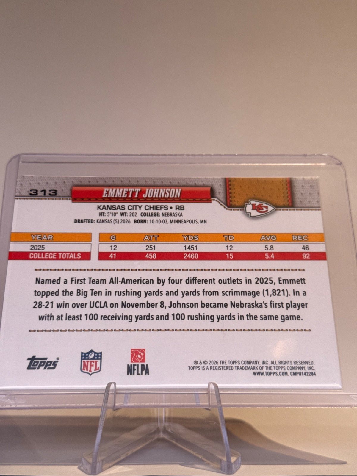 2026 Topps Flagship Football Emmett Johnson #313 Rookie RC – Kansas City Chiefs