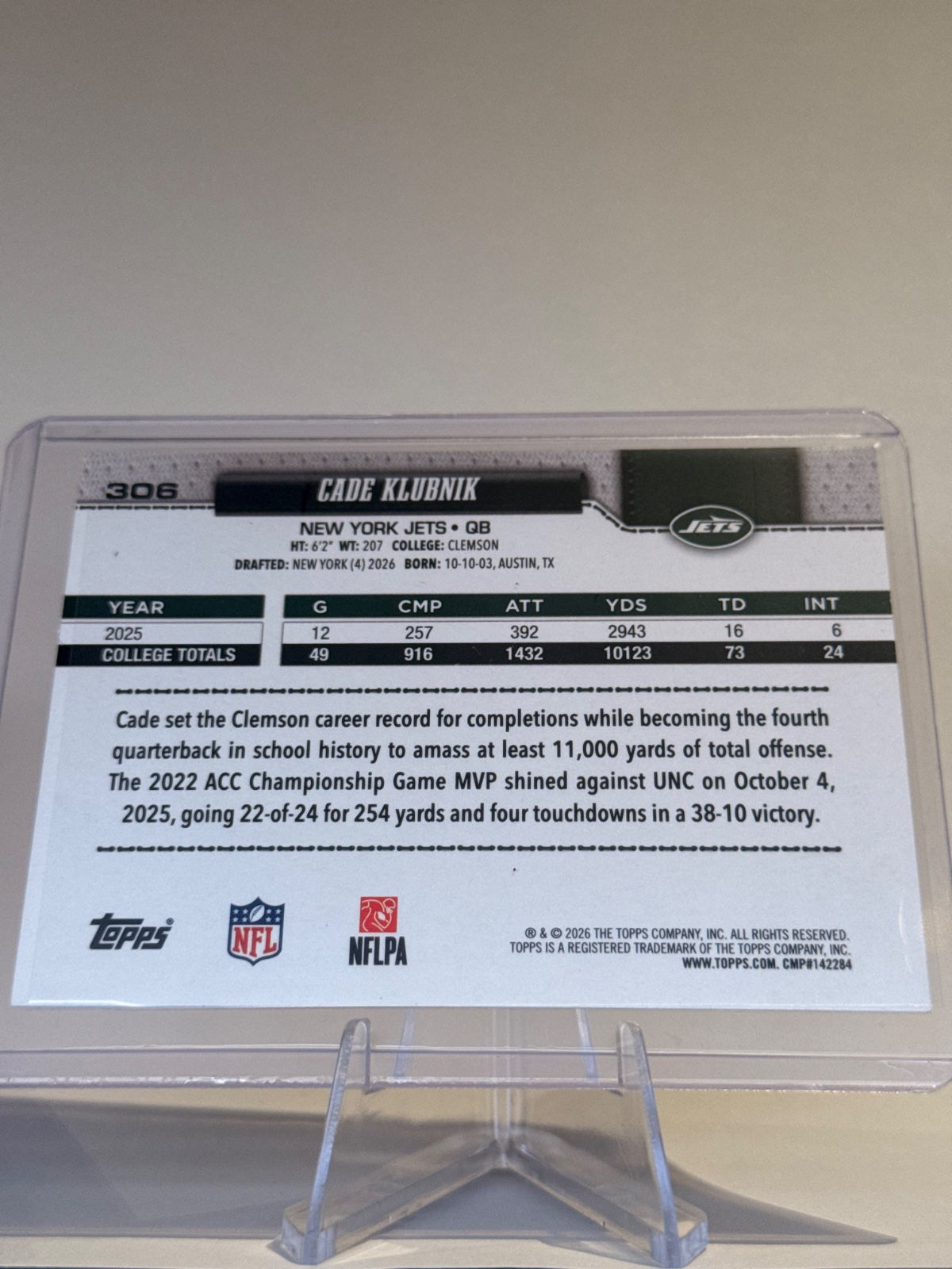 2026 Topps Flagship Football Cade Klubnik #306 Rookie RC – New York Jets