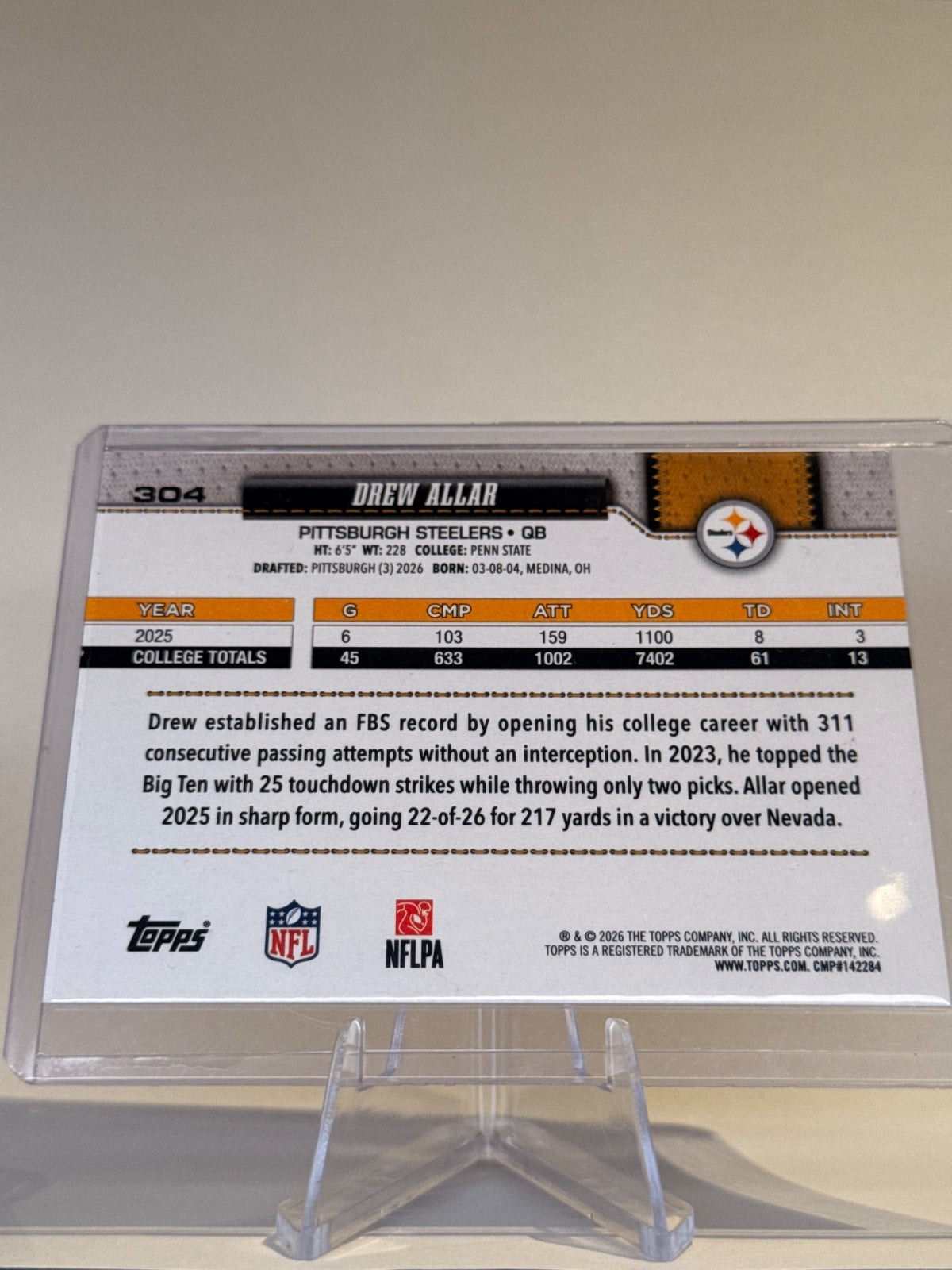 2026 Topps Flagship Football Drew Allar #304 Rookie RC – Pittsburgh Steelers