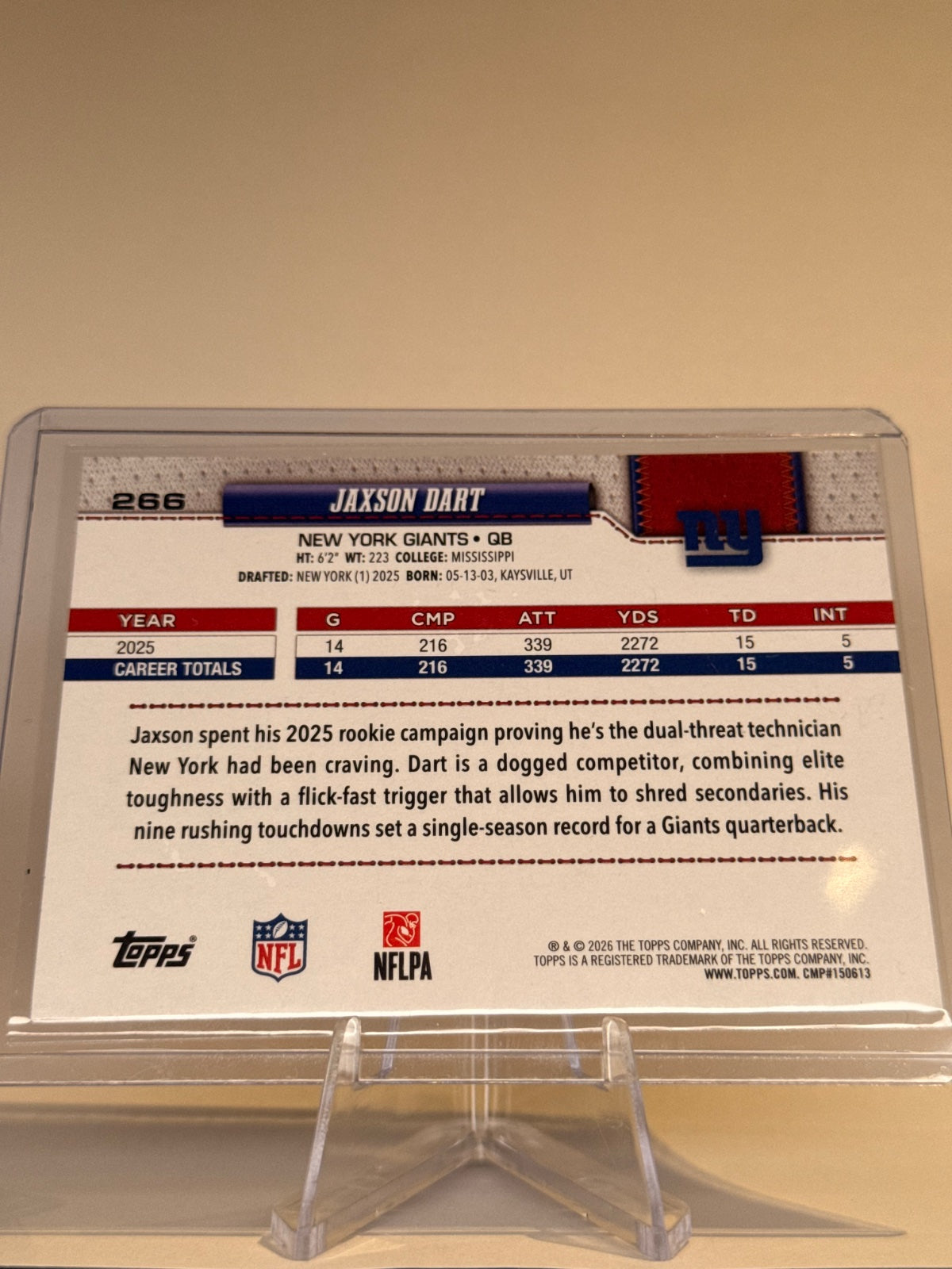 2026 Topps Flagship Football Jaxson Dart #266 Future Stars – New York Giants