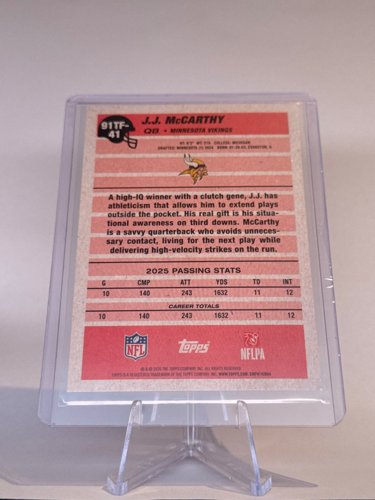 2026 Topps Flagship Football J.J. McCarthy #91TF-41 1991 Topps Insert – Vikings