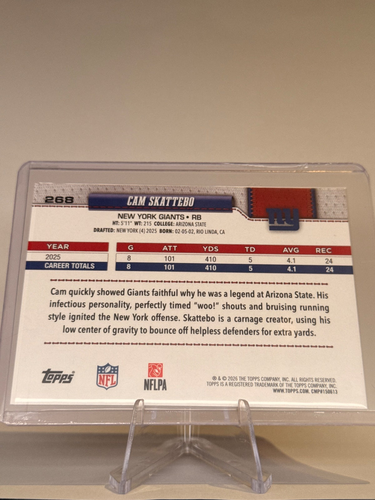 2026 Topps Flagship Football Cam Skattebo #268 Future Stars – New York Giants