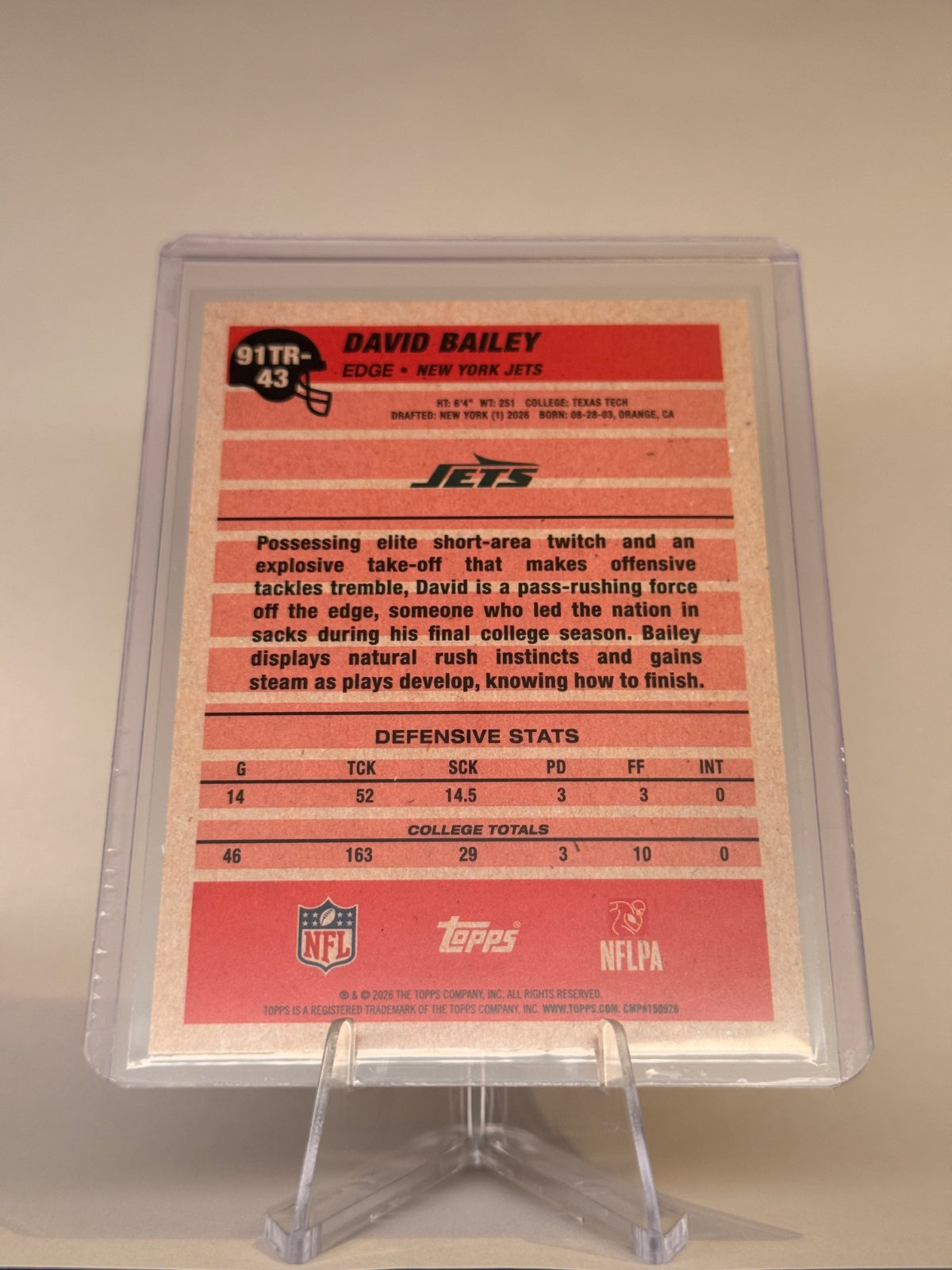 2026 Topps Flagship David Bailey #91TR-43 1991 Topps Football Rookies RC – New York Jets