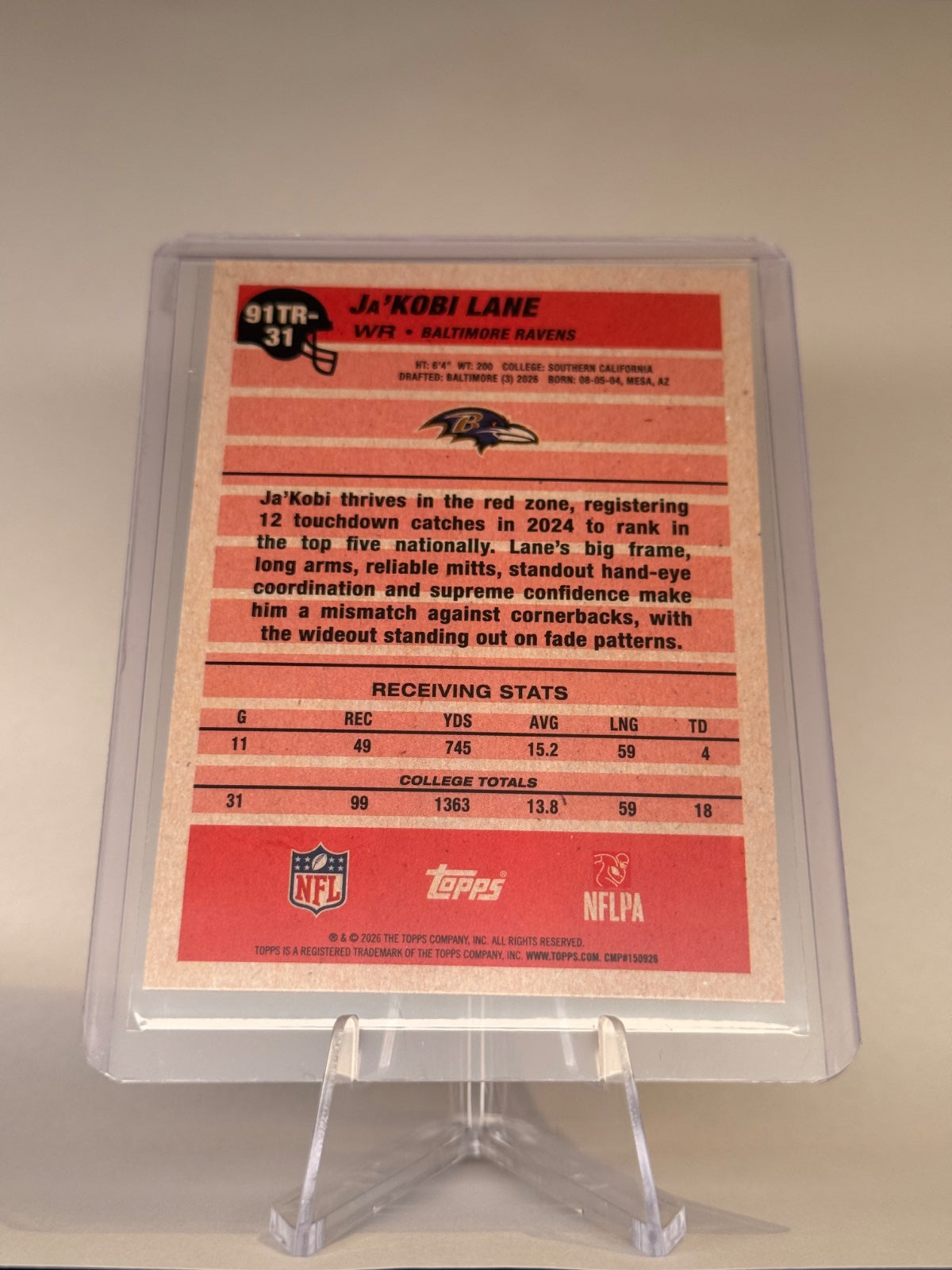 2026 Topps Flagship Ja’Kobi Lane #91TR-31 1991 Topps Football Rookie RC – Ravens