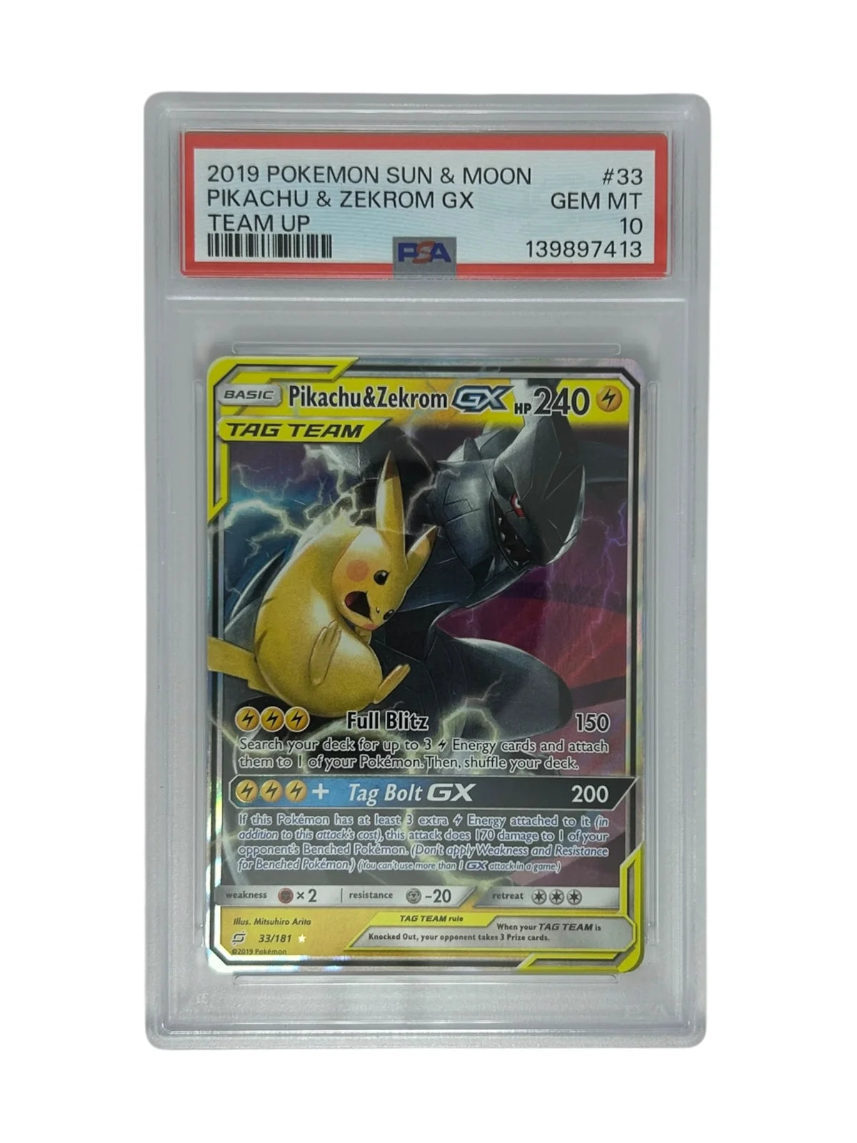 Pikachu & Zekrom GX 33 (Team Up) — PSA 10