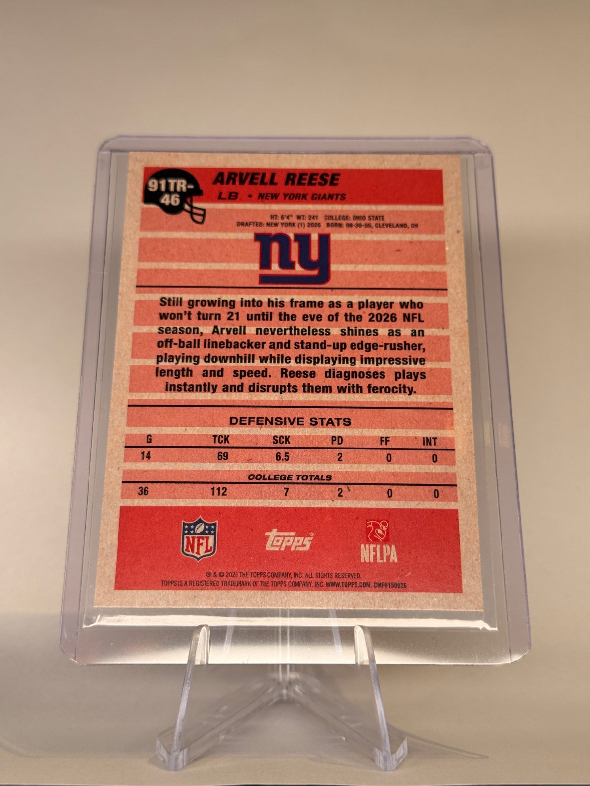 2026 Topps Arvell Reese RC #91TR-46 1991 Topps Rookies 35th Anniversary Giants