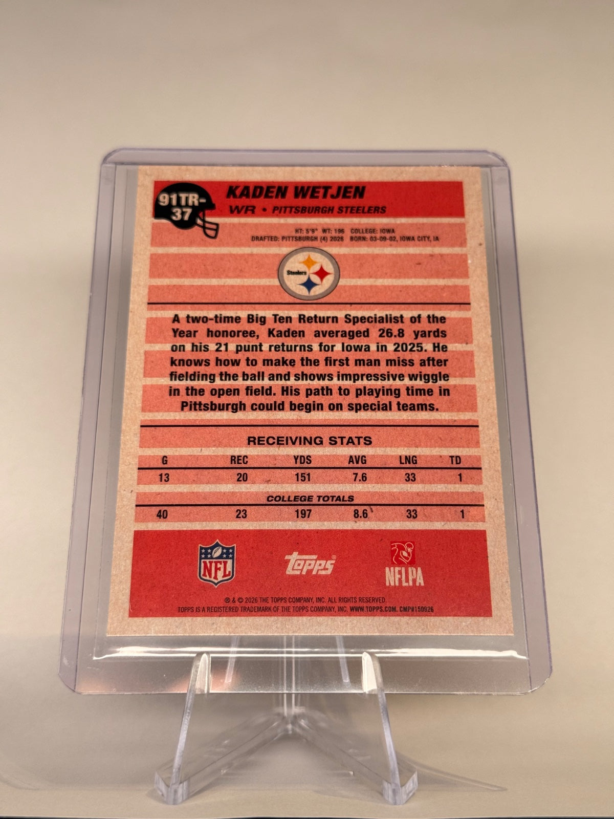 2026 Topps Kaden Wetjen RC #91TR-37 1991 Topps Rookies 35th Anniversary Steelers