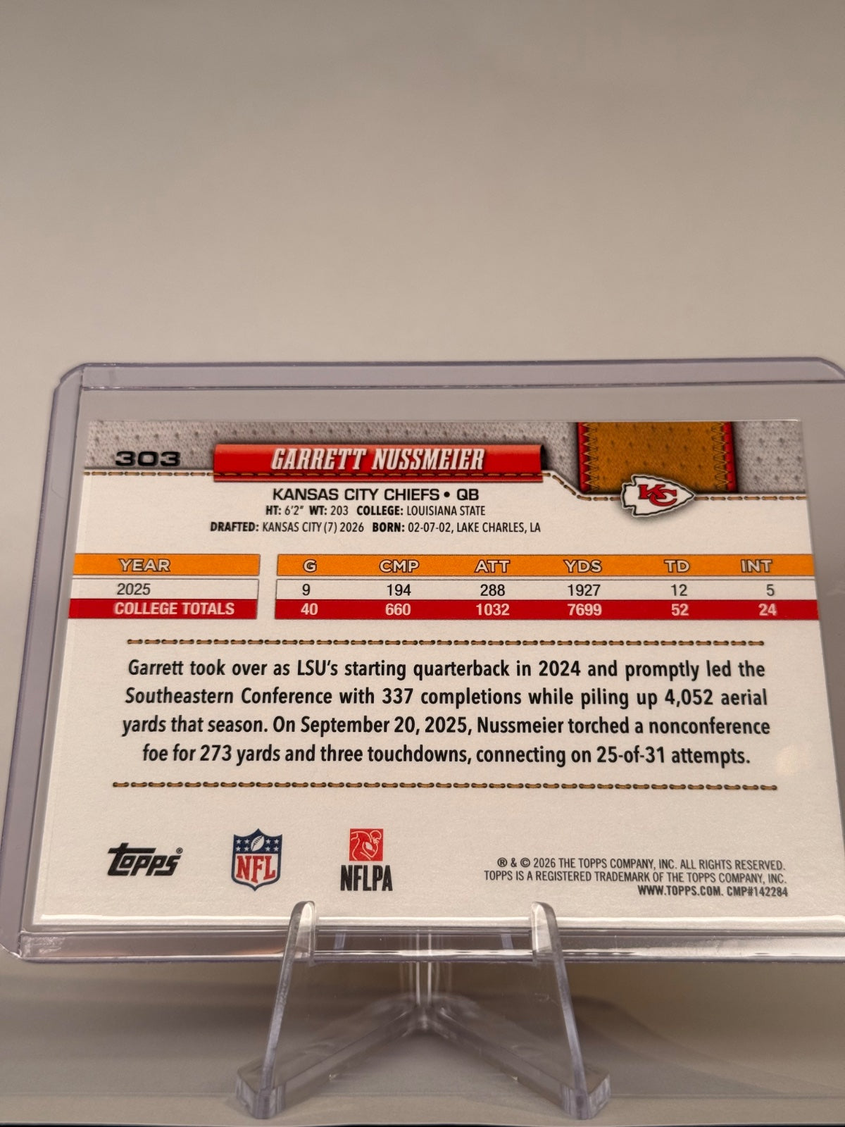 2026 Topps Flagship Garrett Nussmeier RC #303 Kansas City Chiefs Rookie QB