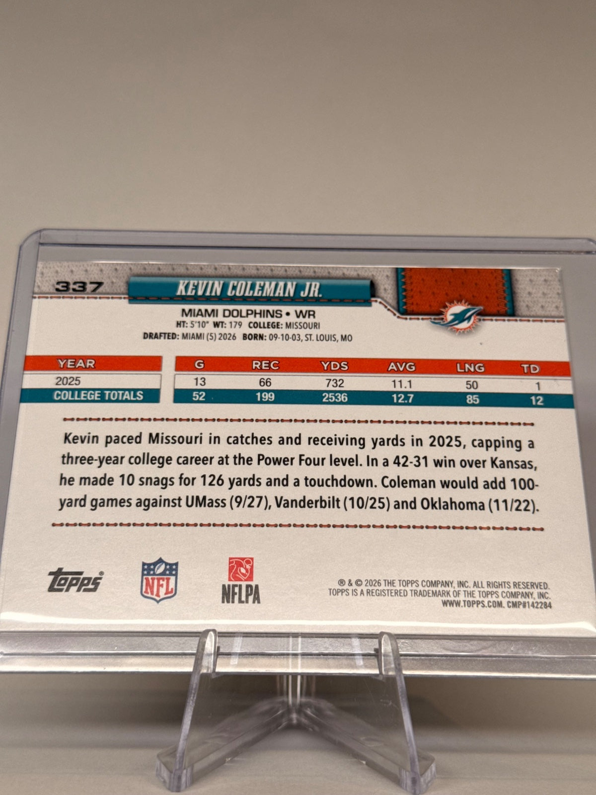 2026 Topps Flagship Kevin Coleman Jr. RC #337 Holo Foil Miami Dolphins