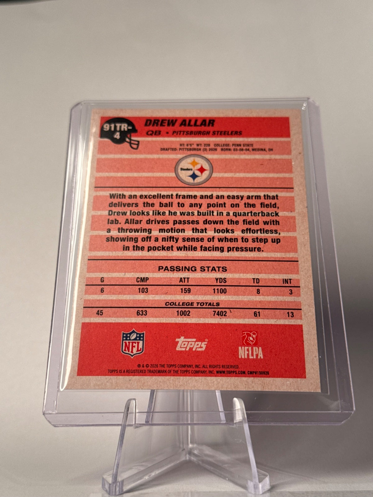 2026 Topps Drew Allar RC #91TR-4 1991 Topps Rookies Pink Crackle Foil – Steelers