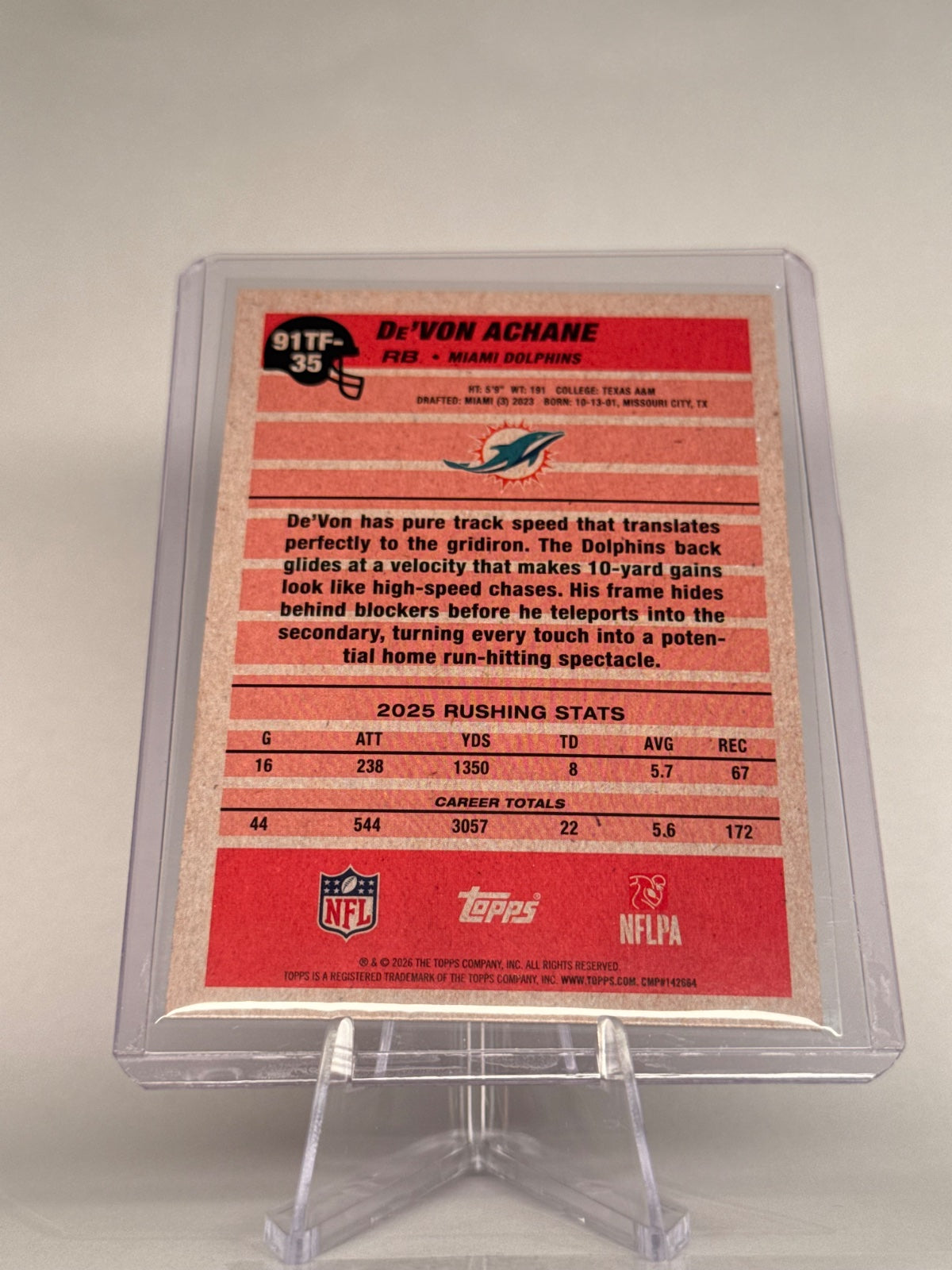 2026 Topps De’Von Achane #91TF-35 1991 Topps Pink Crackle Foil – Dolphins