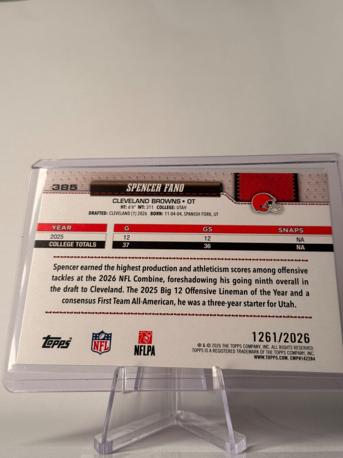 2026 Topps Spencer Fano RC #385 Gold Border /2026 #1261 – Cleveland Browns