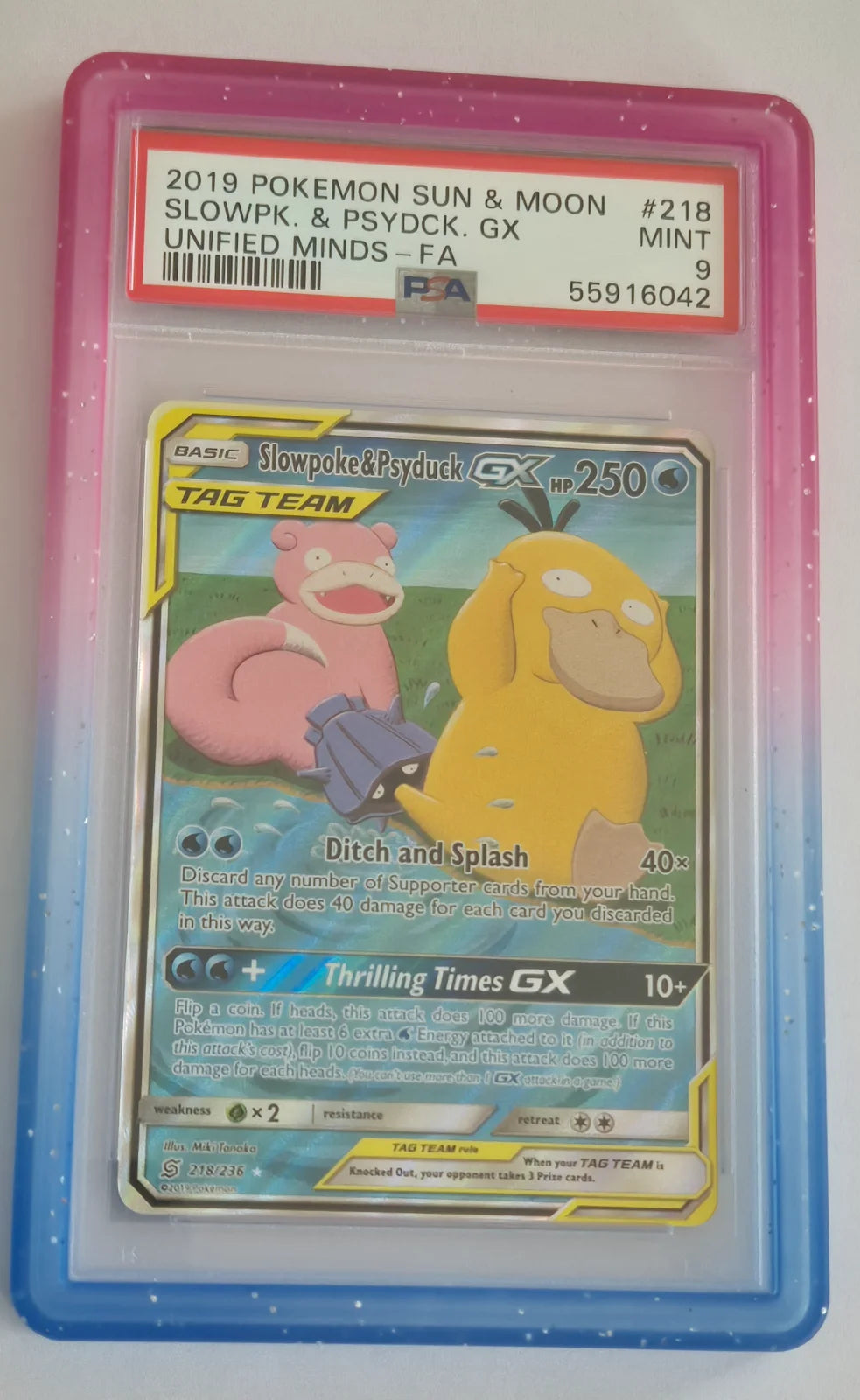 Slowpoke & Psyduck GX (Alternate Full Art) 218/236 (Unified Minds) — PSA 9