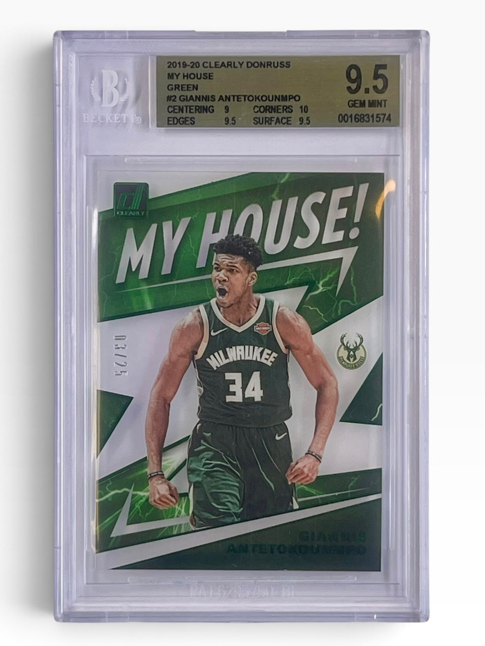 2019-20 Panini Clearly Donruss Giannis Antetokounmpo Clearly My House Green /25 BGS 9.5