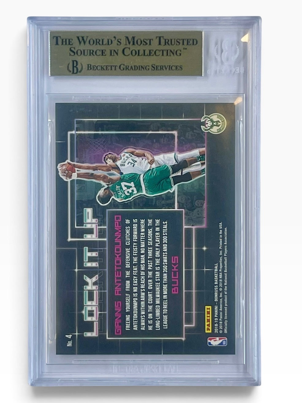 2018-19 Panini Donruss Giannis Antetokounmpo Lock it up! Camo Laser /10 BGS 9.5