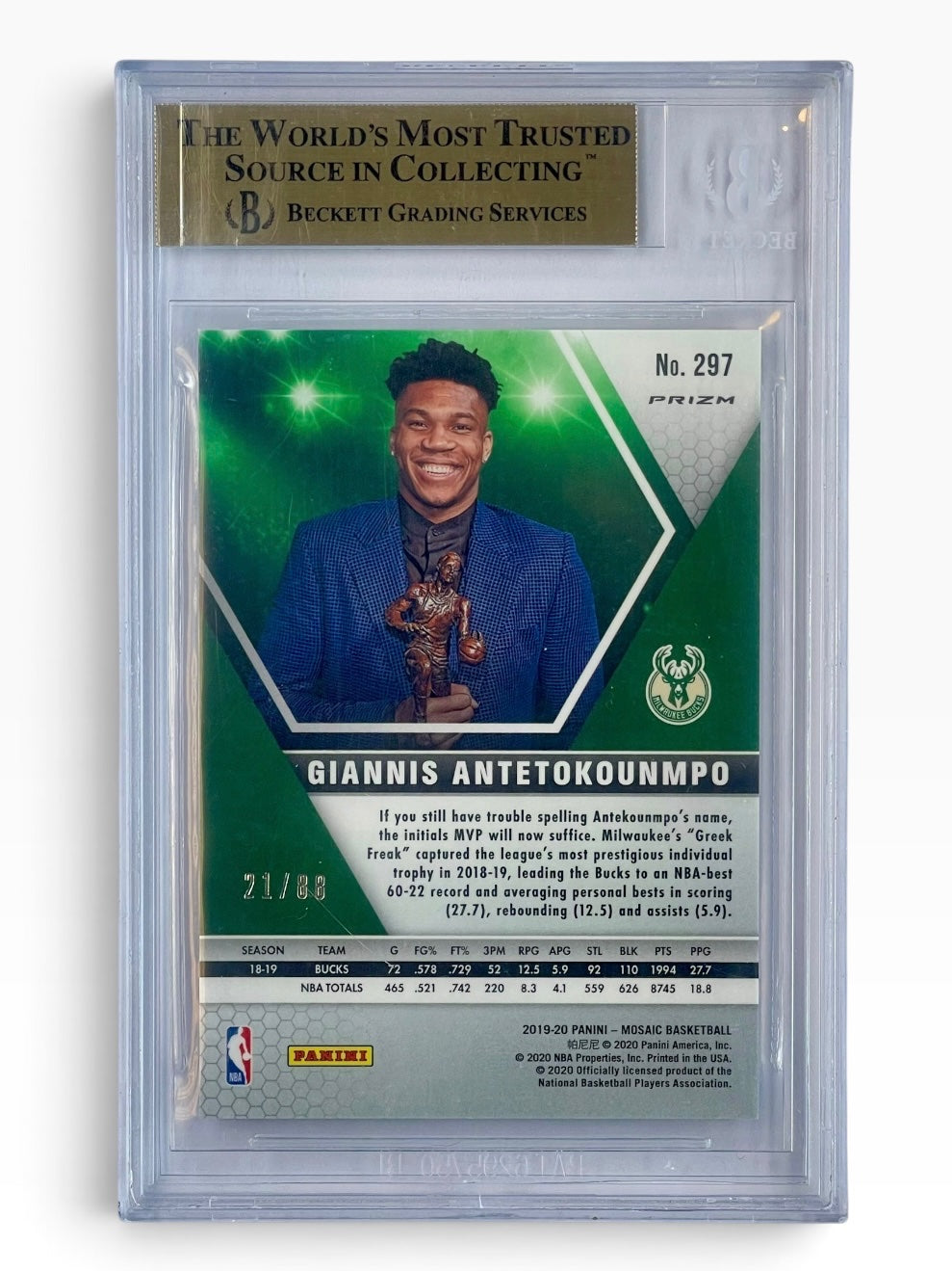 2019-20 Panini Mosaic Choice Giannis Antetokounmpo MVP Red Fussion /88 BGS 9.5