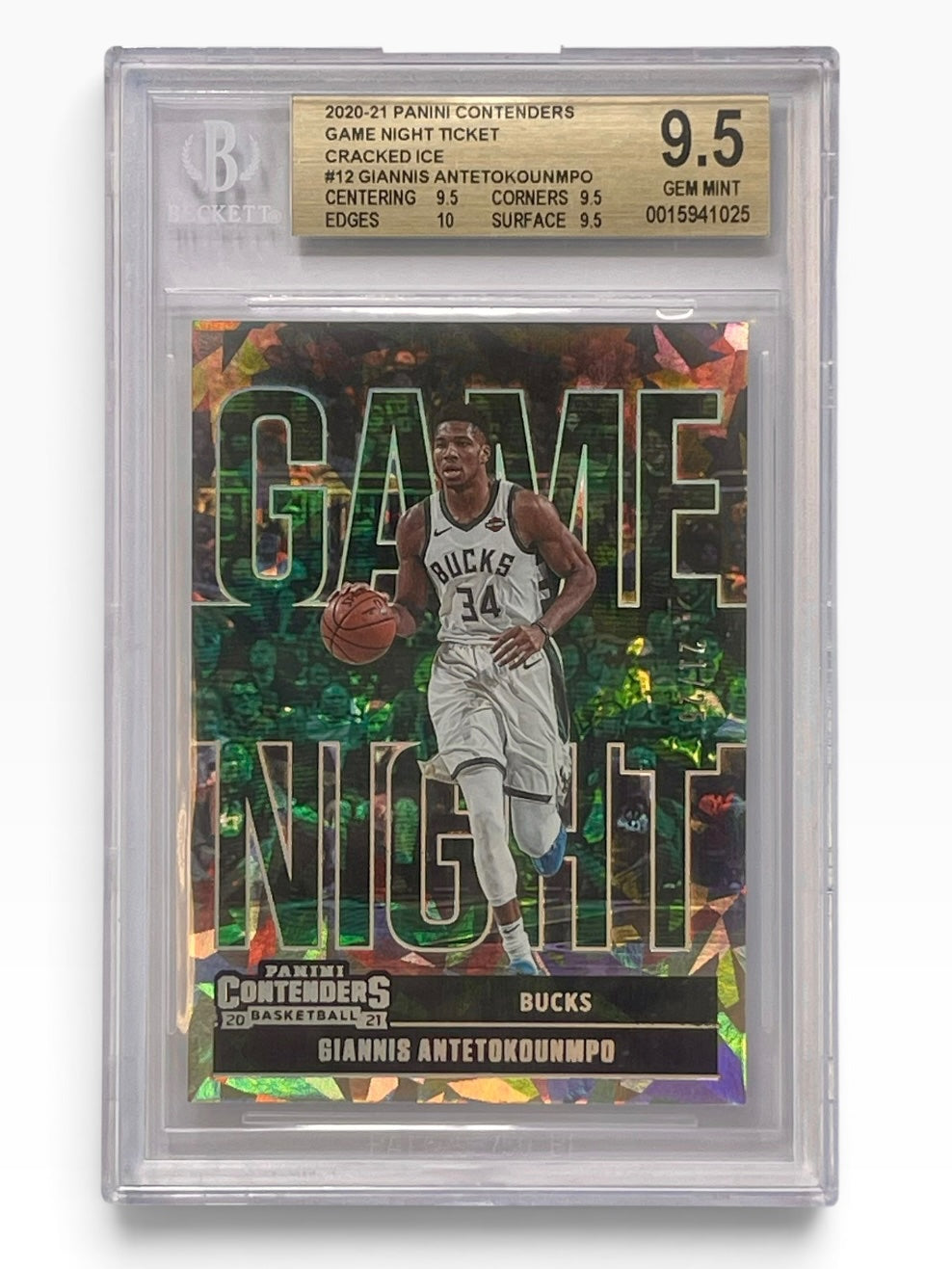 2020-21 Panini Contenders Giannis Antetokounmpo Game Night Ticket Cracked Ice /25 BGS 9.5