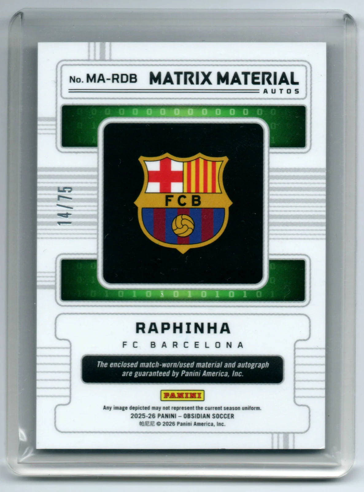 2025-26 PANINI OBSIDIAN MATRIX MATERIAL PATCH AUTO RAPHINA /75 #MA-RDB Barcelona