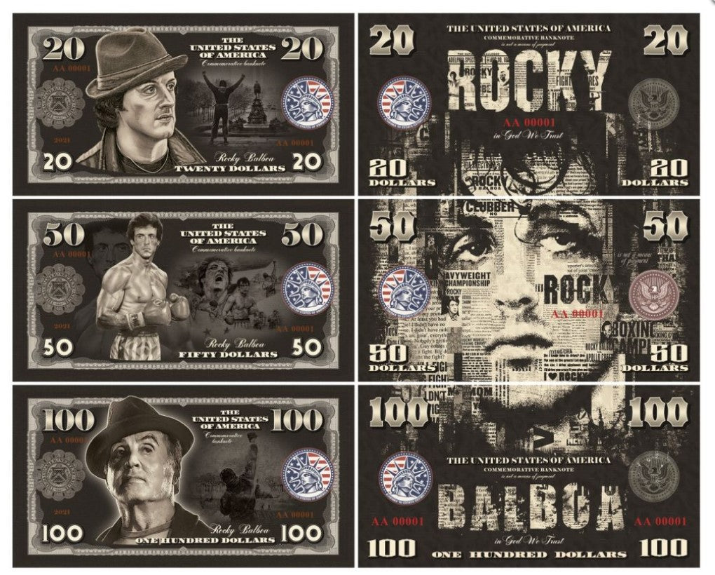 ROCKY BALBOA _ set of  20, 50, 100 dollars  UNCB Banknotes