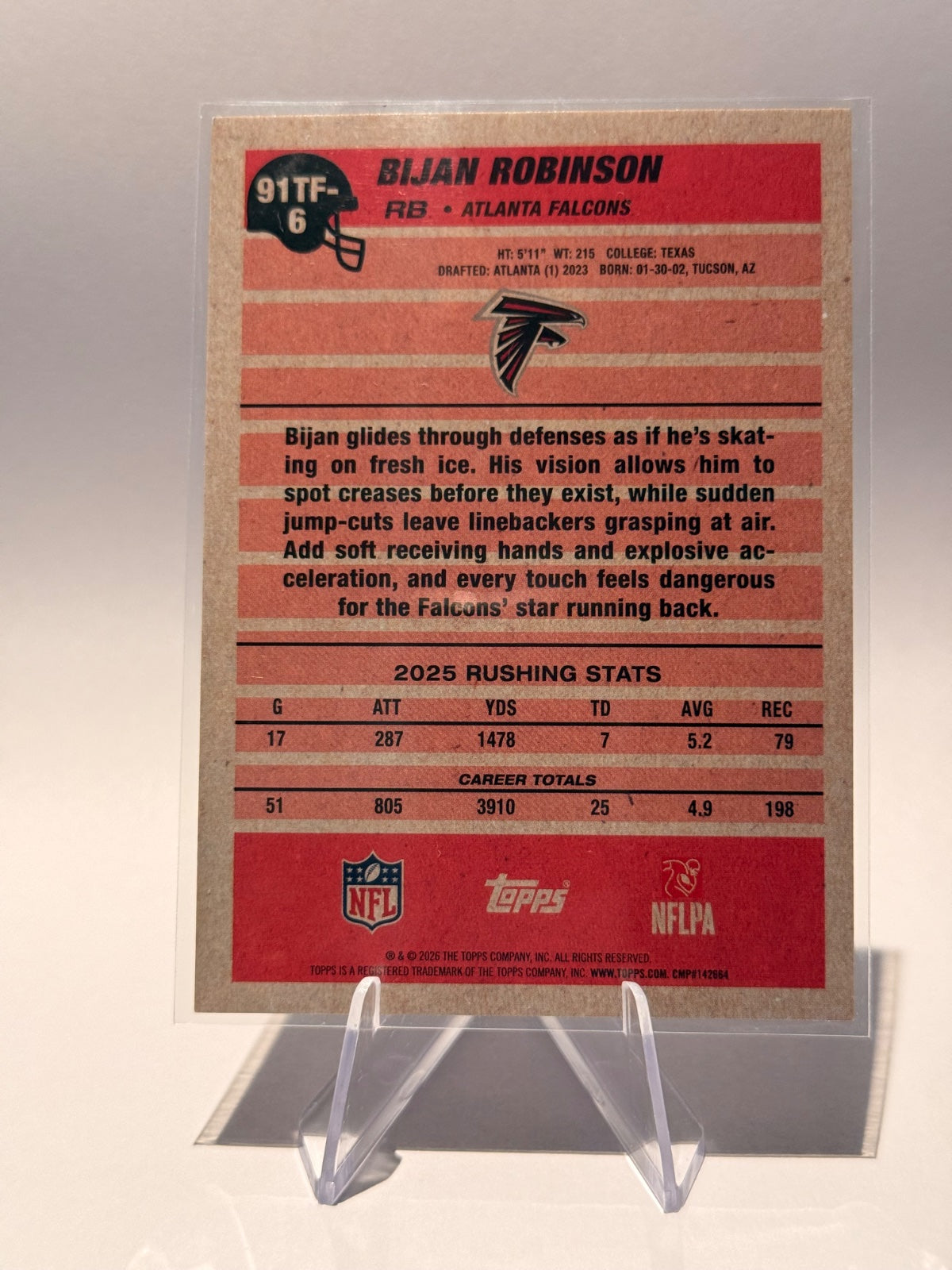 2026 Topps Bijan Robinson #91TF-6 – Pink/Purple Crackle Foil – Atlanta Falcons