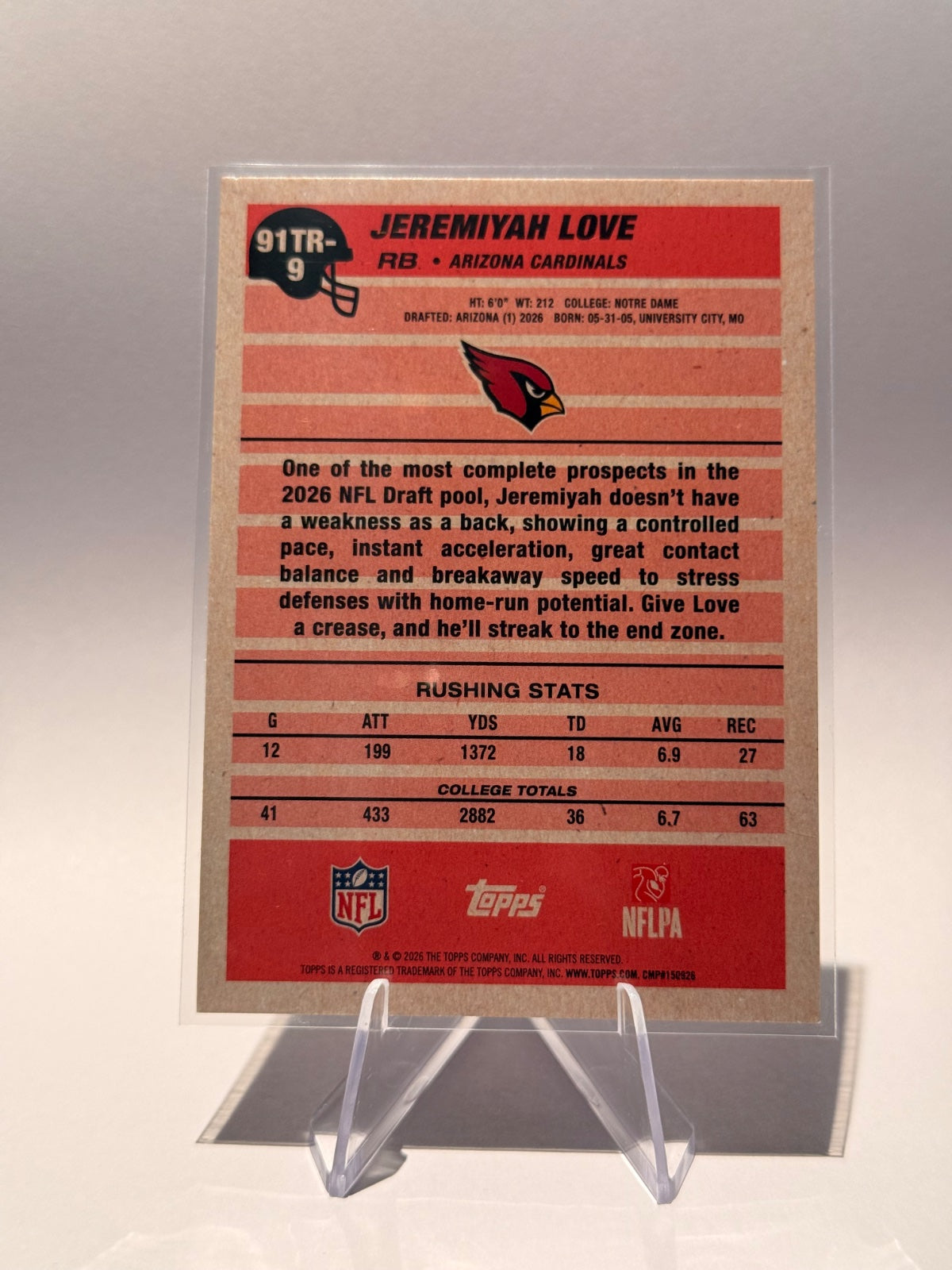 2026 Topps Jeremiyah Love RC #91TR-9 – Pink Crackle Foil – Arizona Cardinals