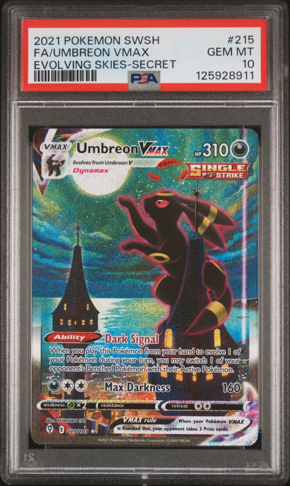 Umbreon VMAX (Alternate Art Secret) 215/203 (Evolving Skies) — PSA 10