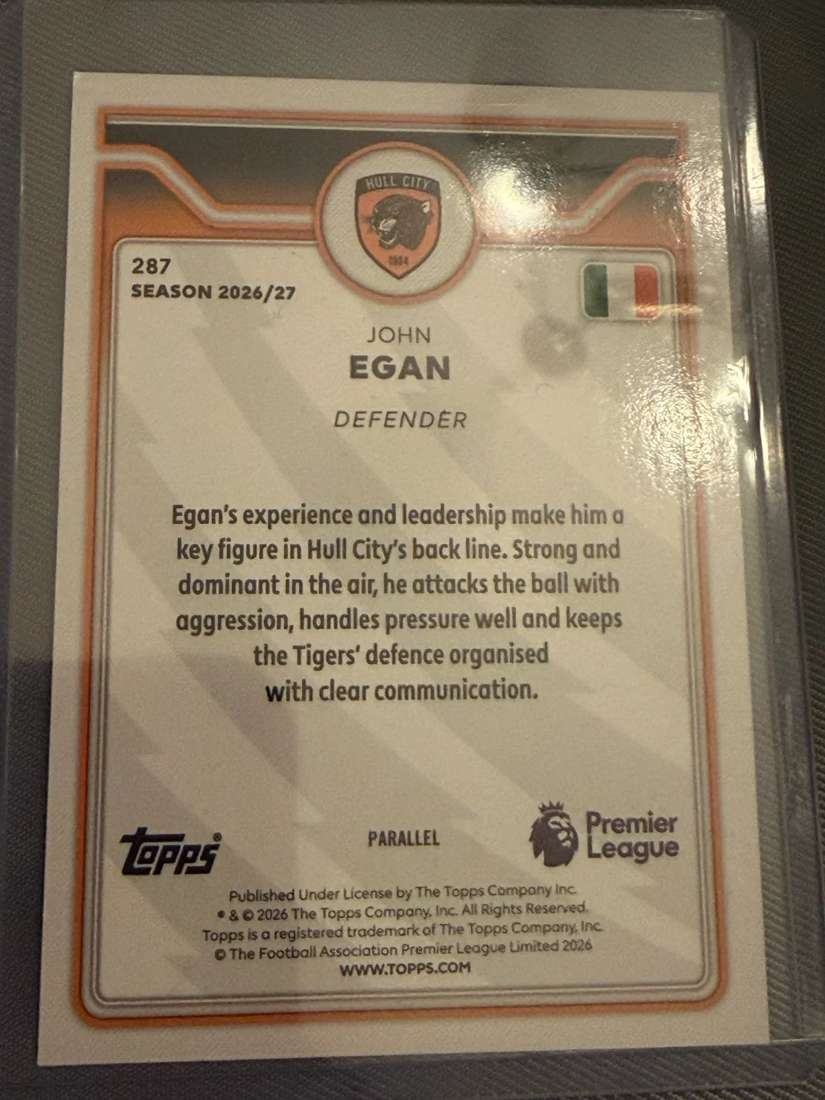 John Egan #287 – Green Parallel – Hull City – Topps Premier League 2026/27