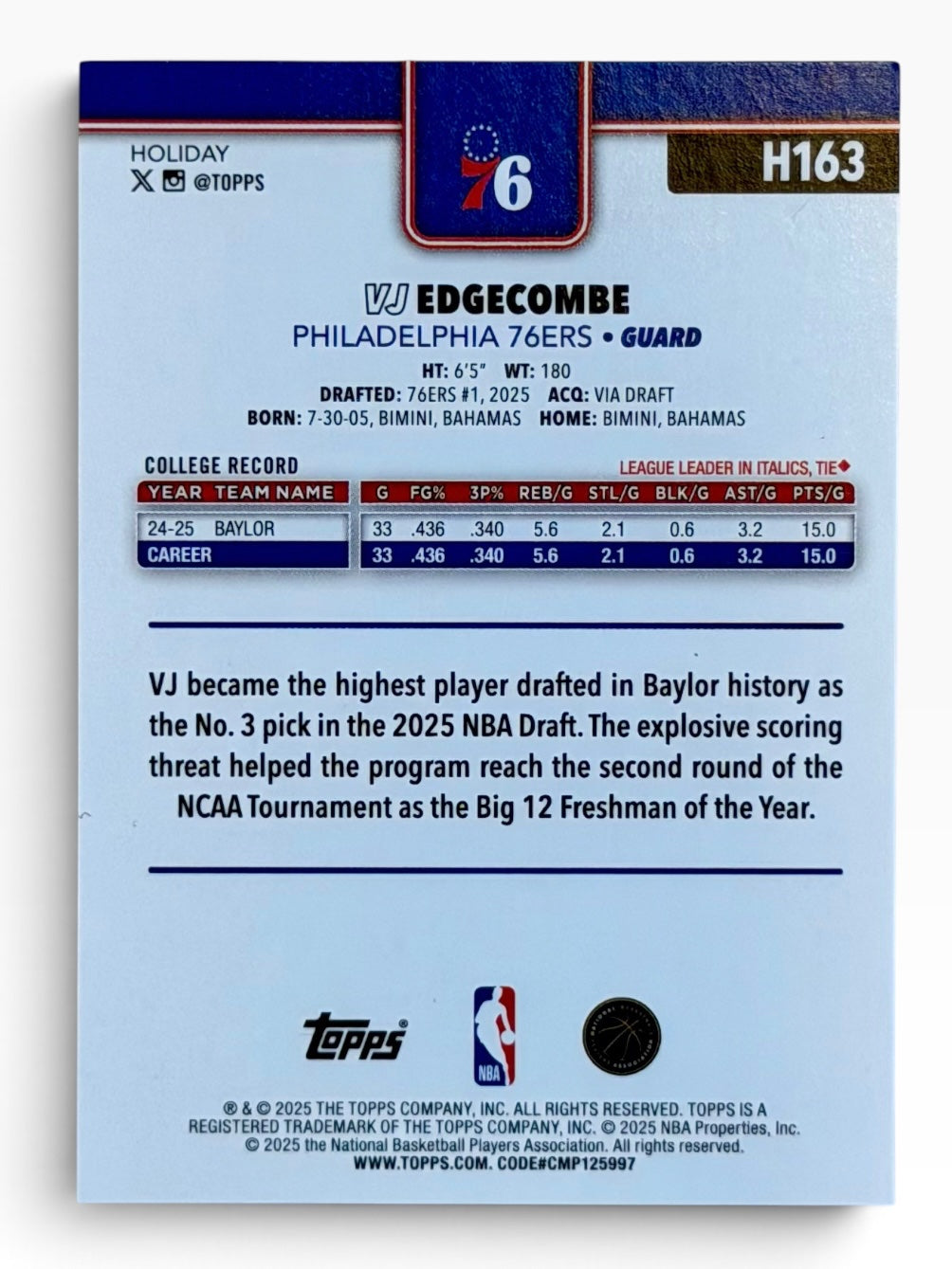 2025-26 Topps Holiday VJ Edgecombe