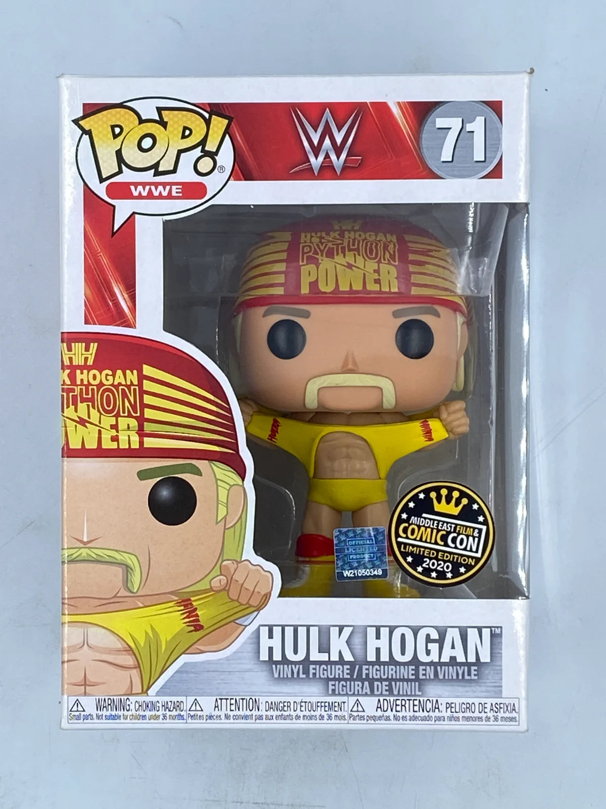 Funko Pop! WWE Hulk Hogan #71 vinyl figure featuring a special Middle East Film & Comic Con 2020 Limited Edition sticker.