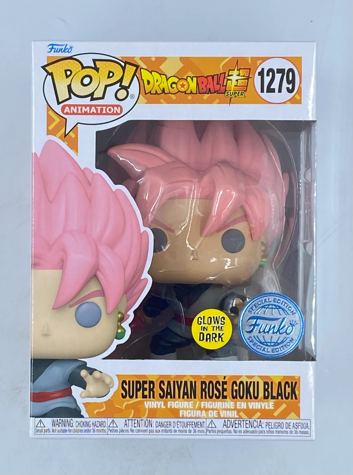 Funko Pop! Animation Super Saiyan Rosé Goku Black (#1279) Glow-in-the-Dark SPECIAL EDITION vinyl figure from Dragon Ball Super.