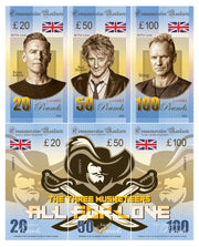 THREE MUSKETEERS (Bryan Adams, Rod Stewart, Sting) _ set of 20, 50, 100 Pounds  UNCB banknotes
