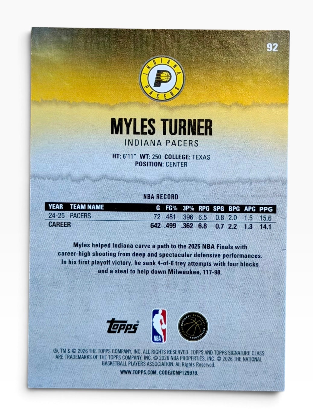 2025-26 Topps Signature Class Myles Turner Yellow /399